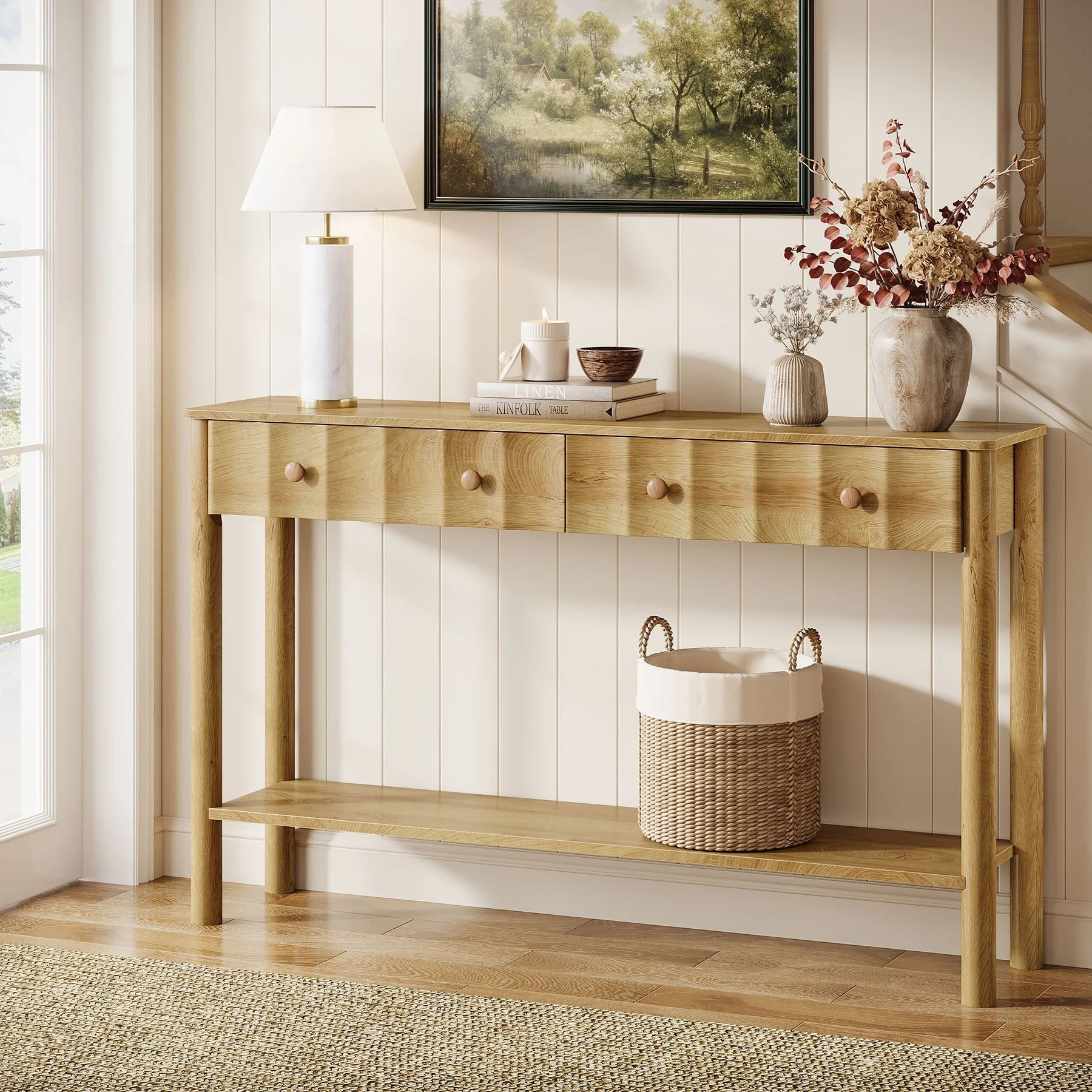 55" Console Table with 2 Drawers, Fluted Entryway Sofa Table with Open Shelf