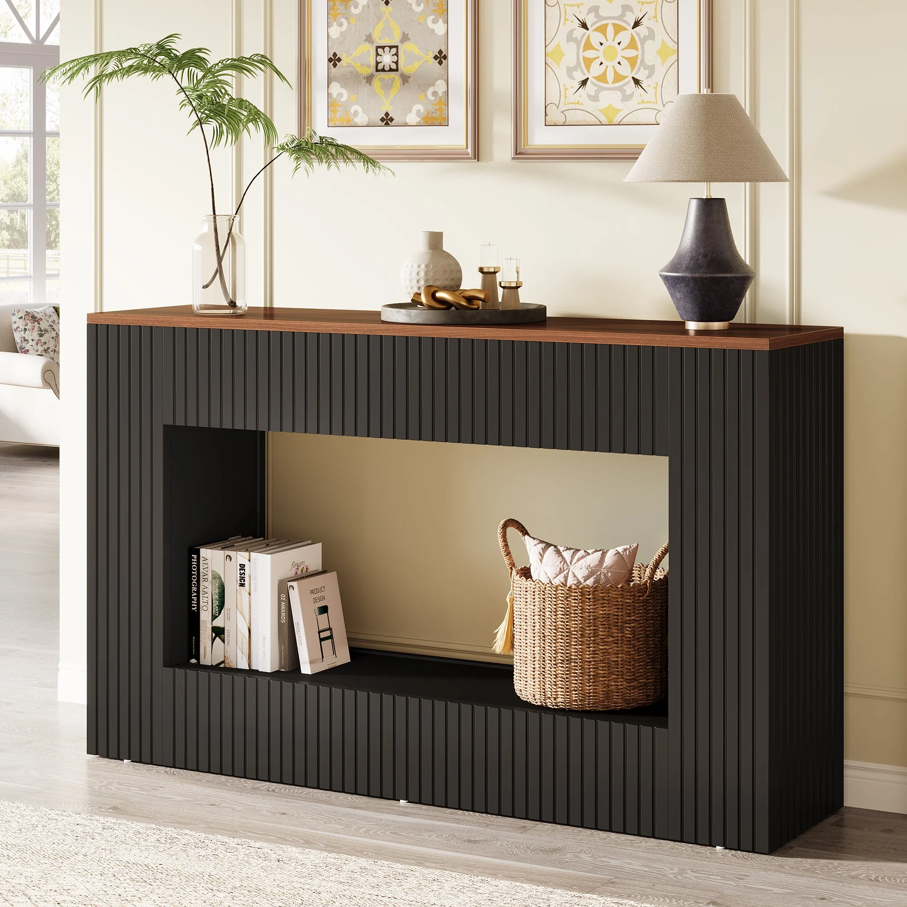 55" Console Table, Wood Entryway Table Sofa Table with Storage