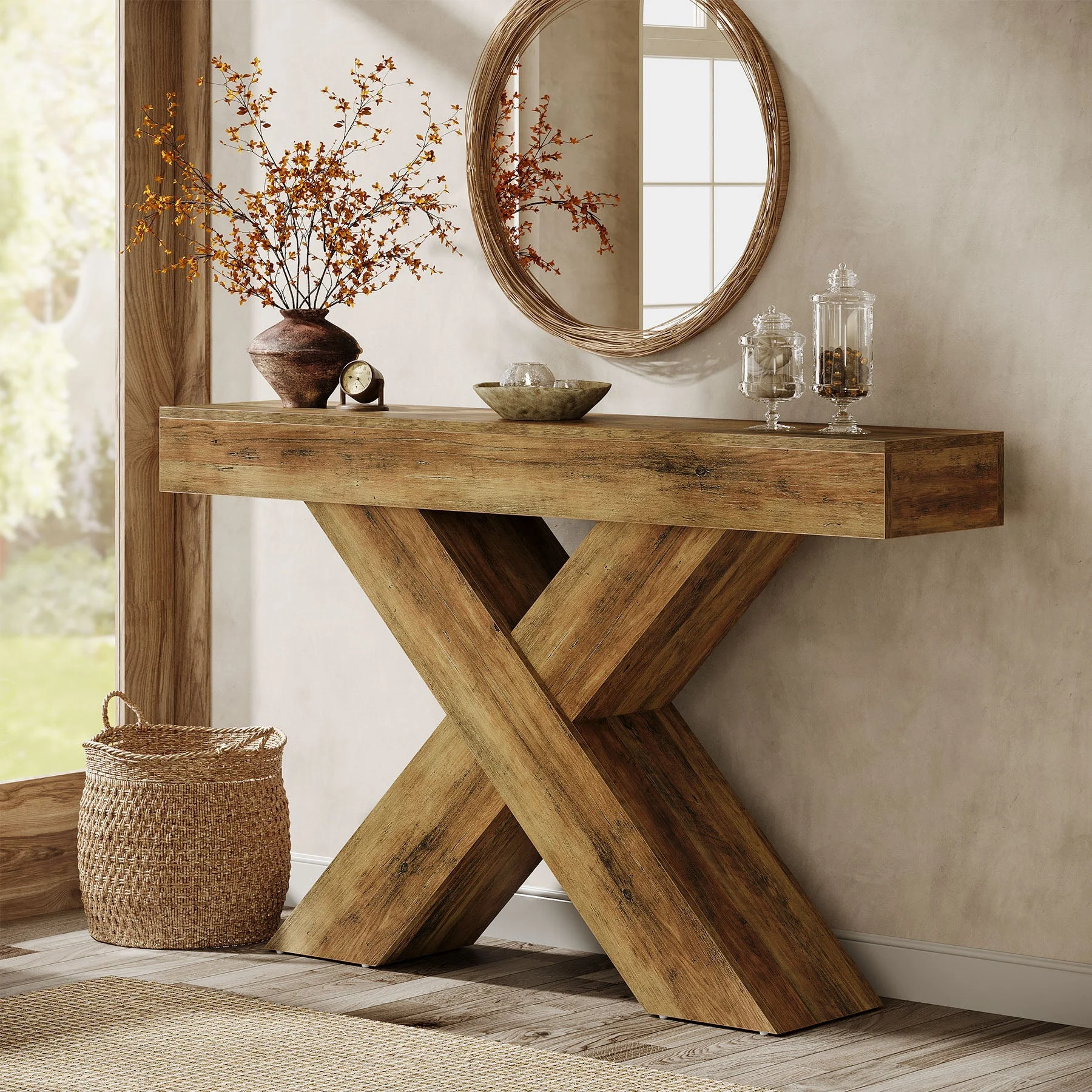 55" Console Table, Wooden Unique Design Sofa Foyer Table