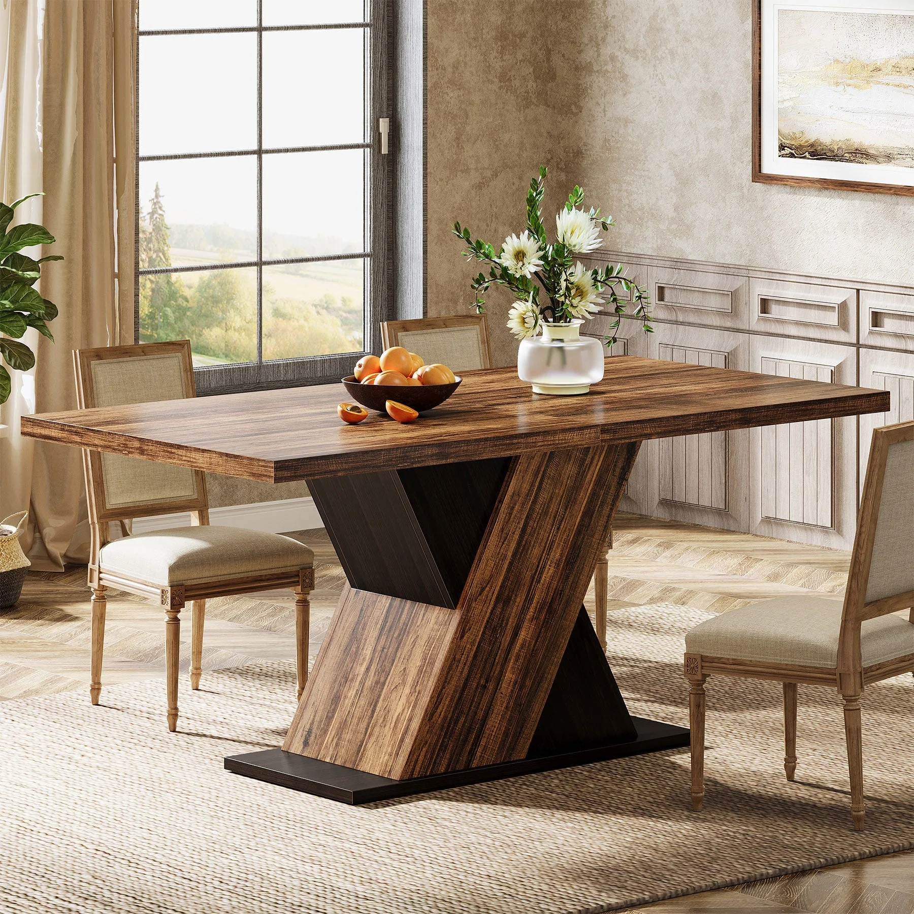 55" Dining Table, Wood Kitchen Dinner Table for 4-6
