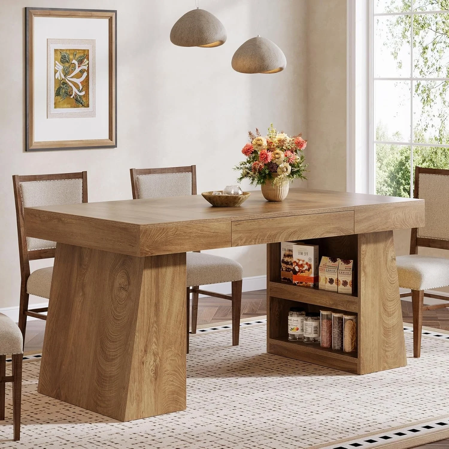 55" Dining Table, Wooden Kitchen Dinner Table with Storage Drawer for 4-6 People