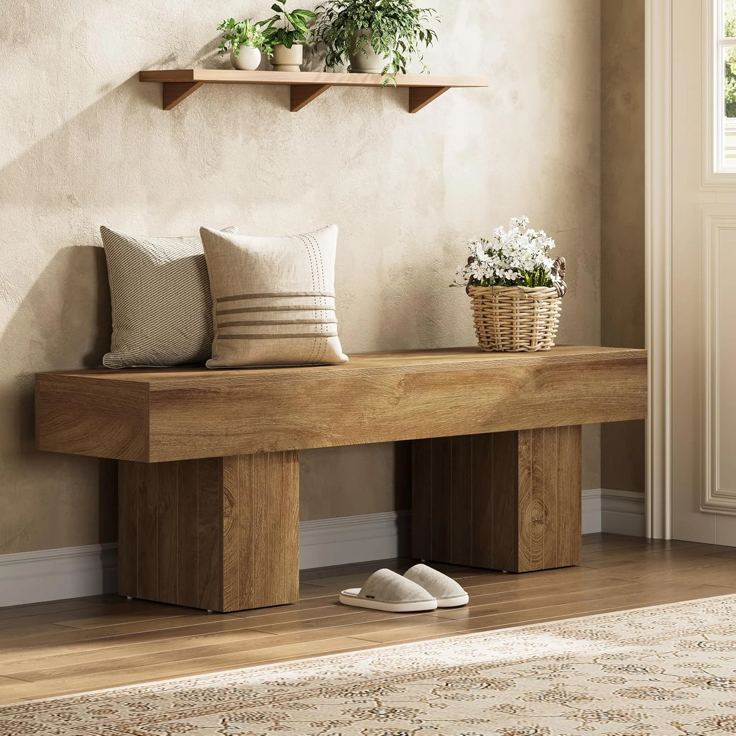 55" Entryway Bench, Farmhouse End of Bed Bench Long Dining Bench