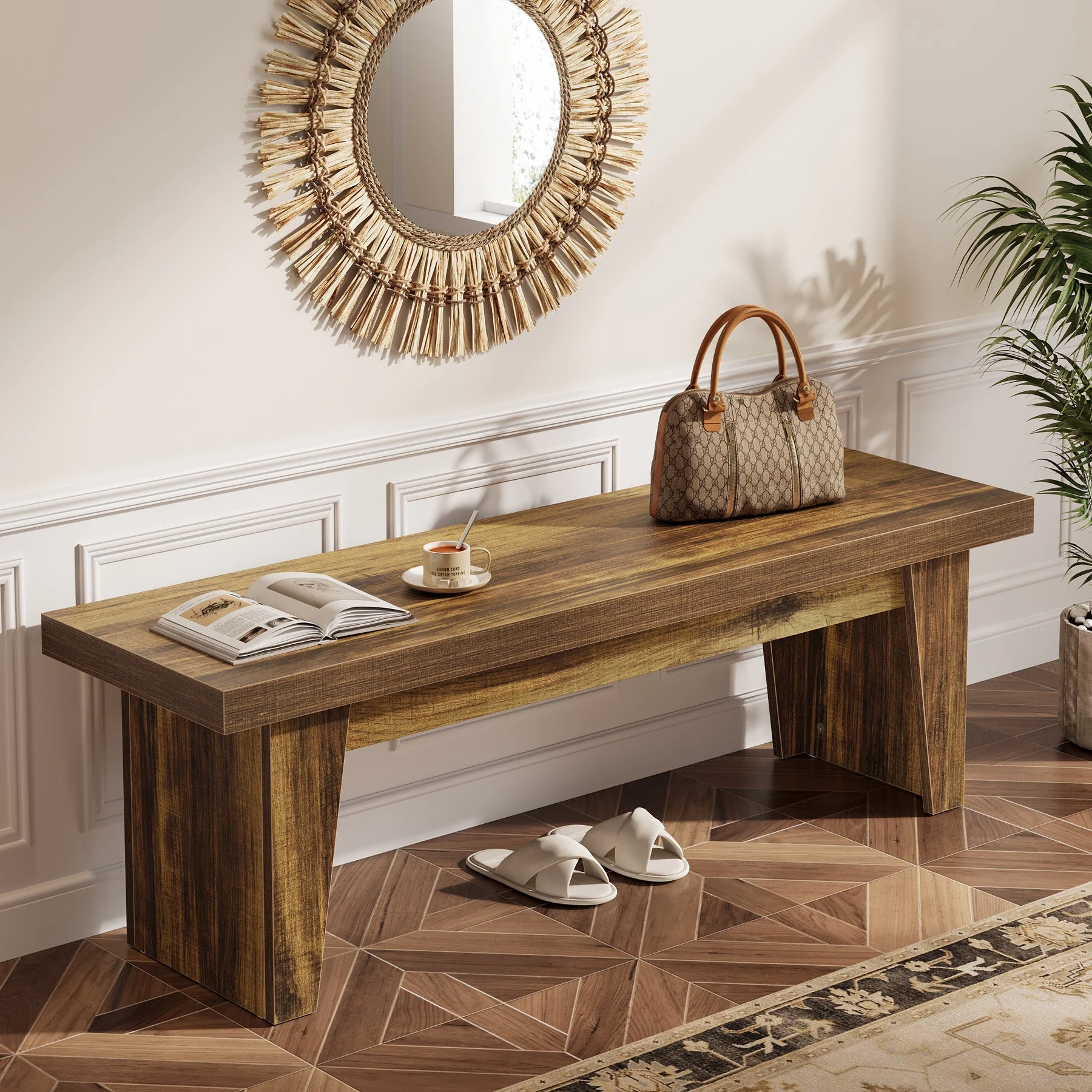 55" Entryway Bench, Farmhouse Shoe Bench Indoor End of Bed Stool