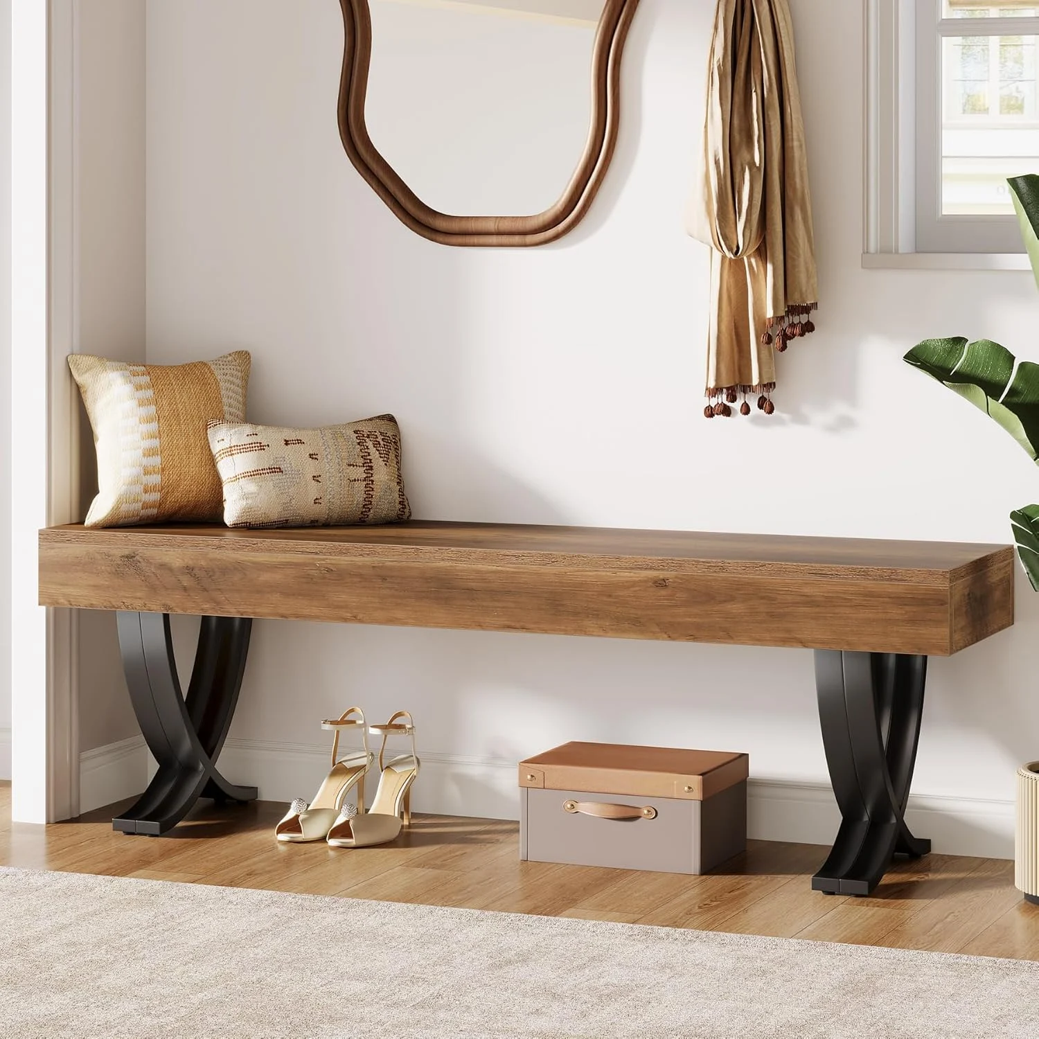55" Entryway Shoe Bench, Industrial End of Bed Stool with Metal X-Shaped Legs