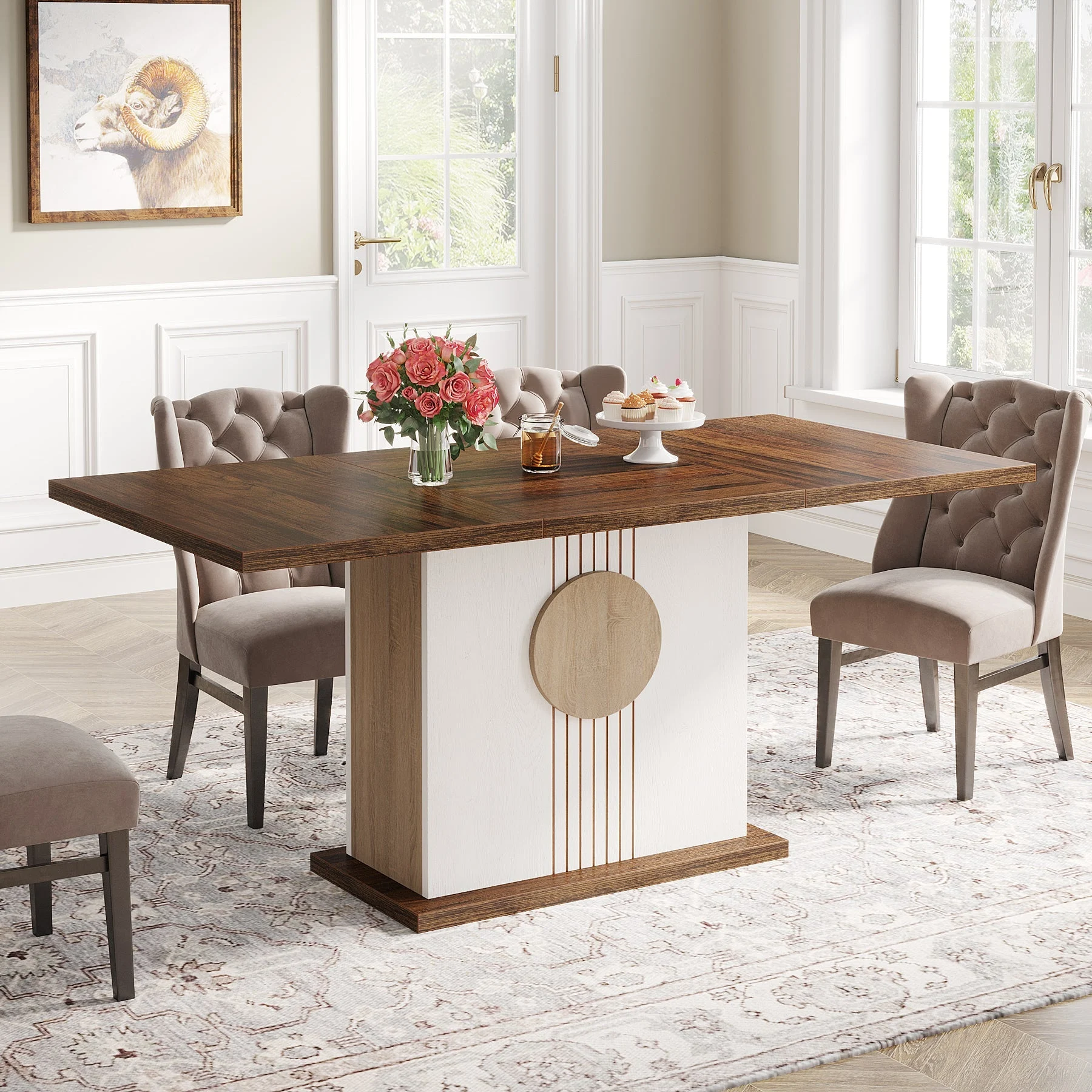 55" Rectangular Dining Table, Farmhouse Wood Kitchen Table for 4 to 6 People