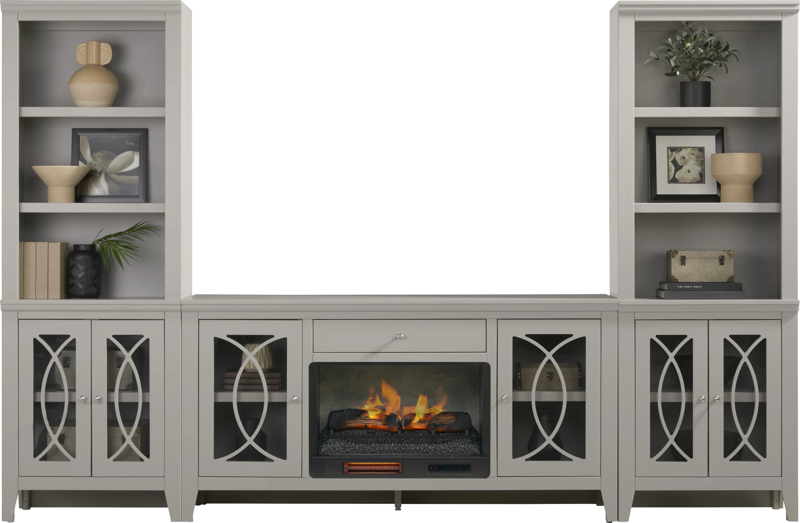 Abbie II Gray 3 Pc Wall Unit with 66 in. Console and Electric Log Fireplace