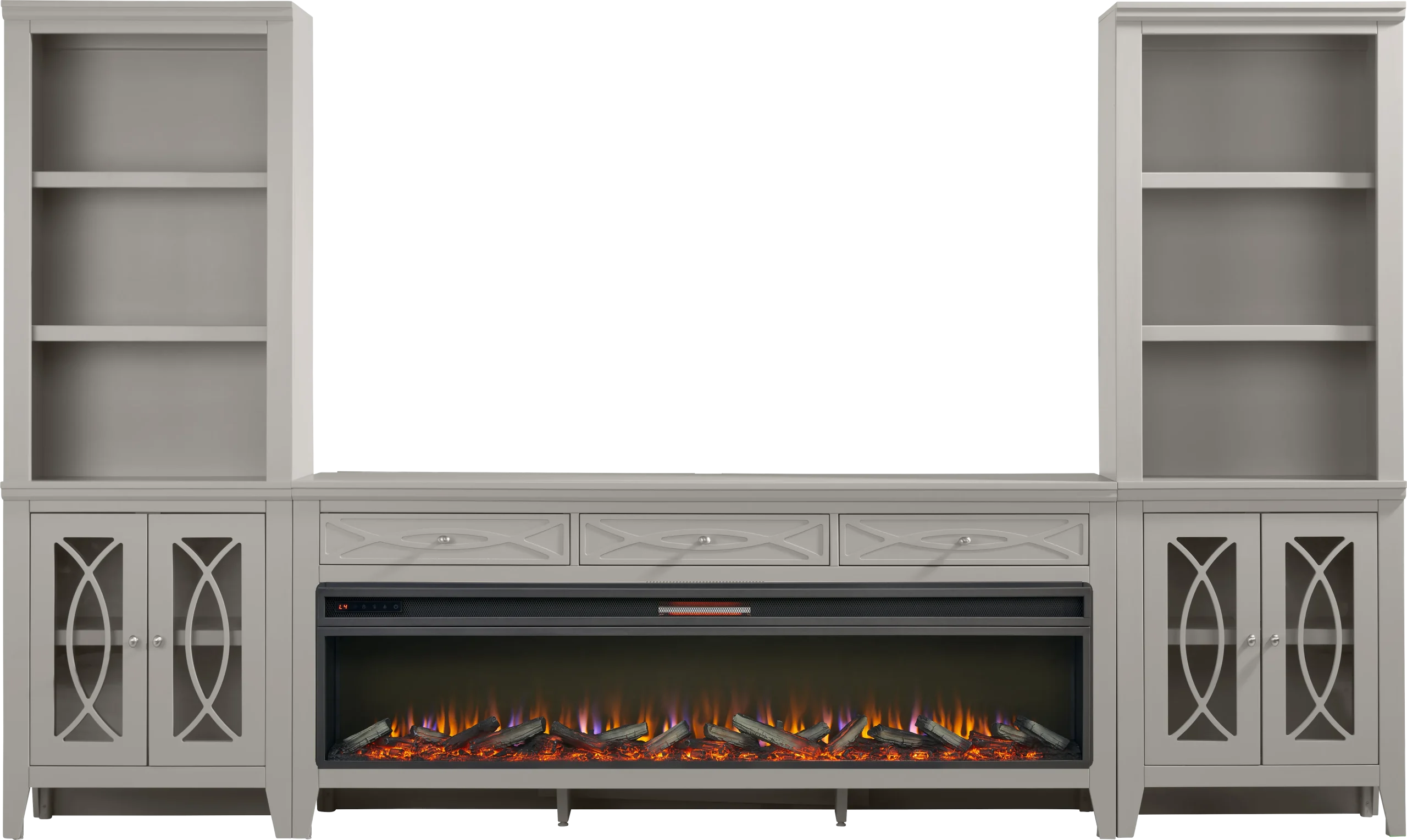 Abbie II Gray 3 Pc Wall Unit with 77 in. Console and Electric Log Fireplace