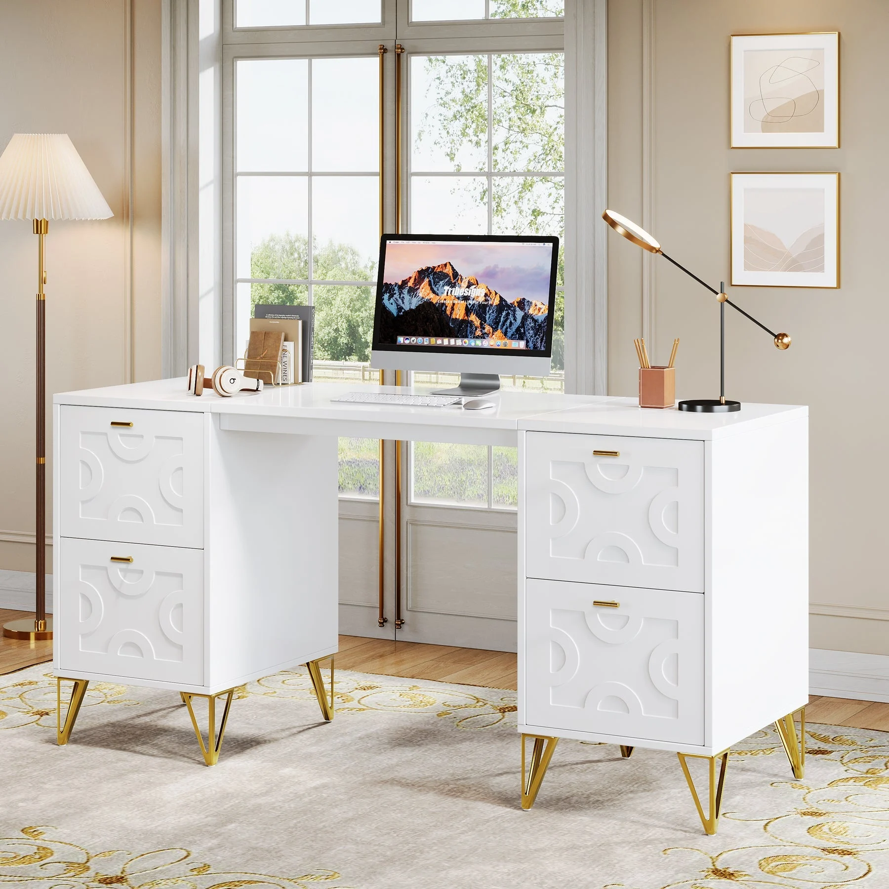 59" Computer Desk with File Drawers, Wood Executive Desk for Home Office