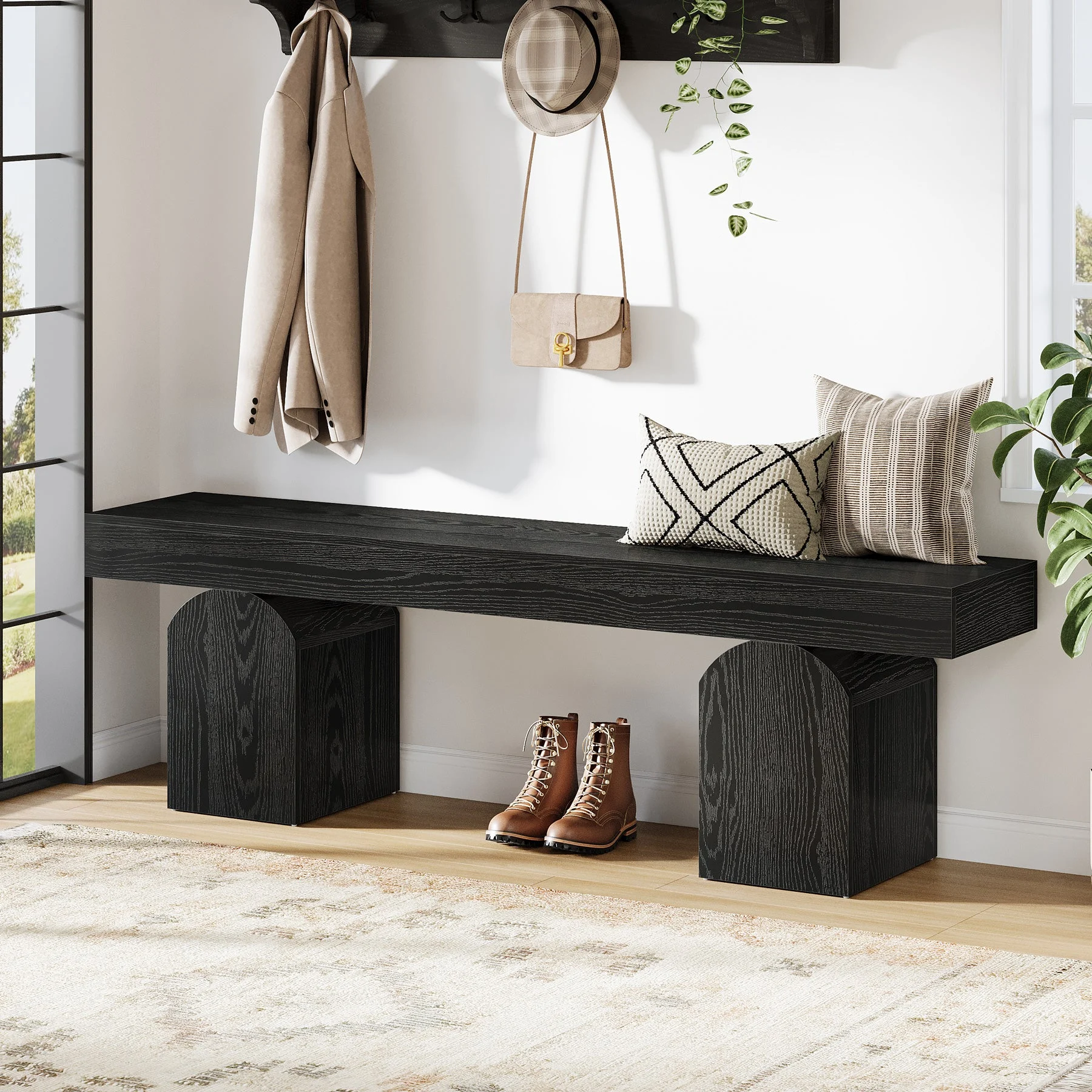 59" Entryway Bench, Long Shoe Bench with Arched Bases