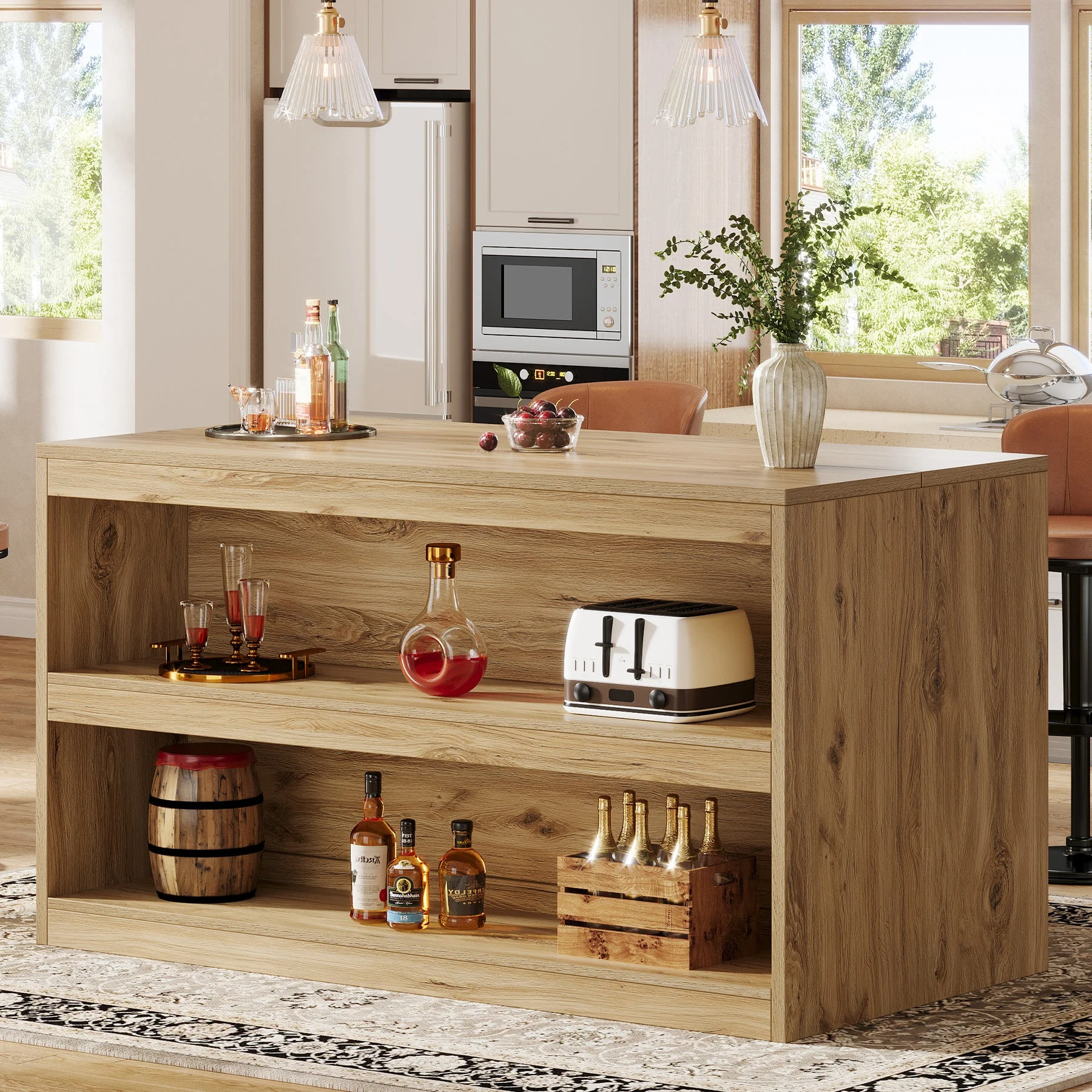 59" Home Bar Table, Rectangular Pub Table Coffee Bar Cabinet with 2-Tier Open Shelves