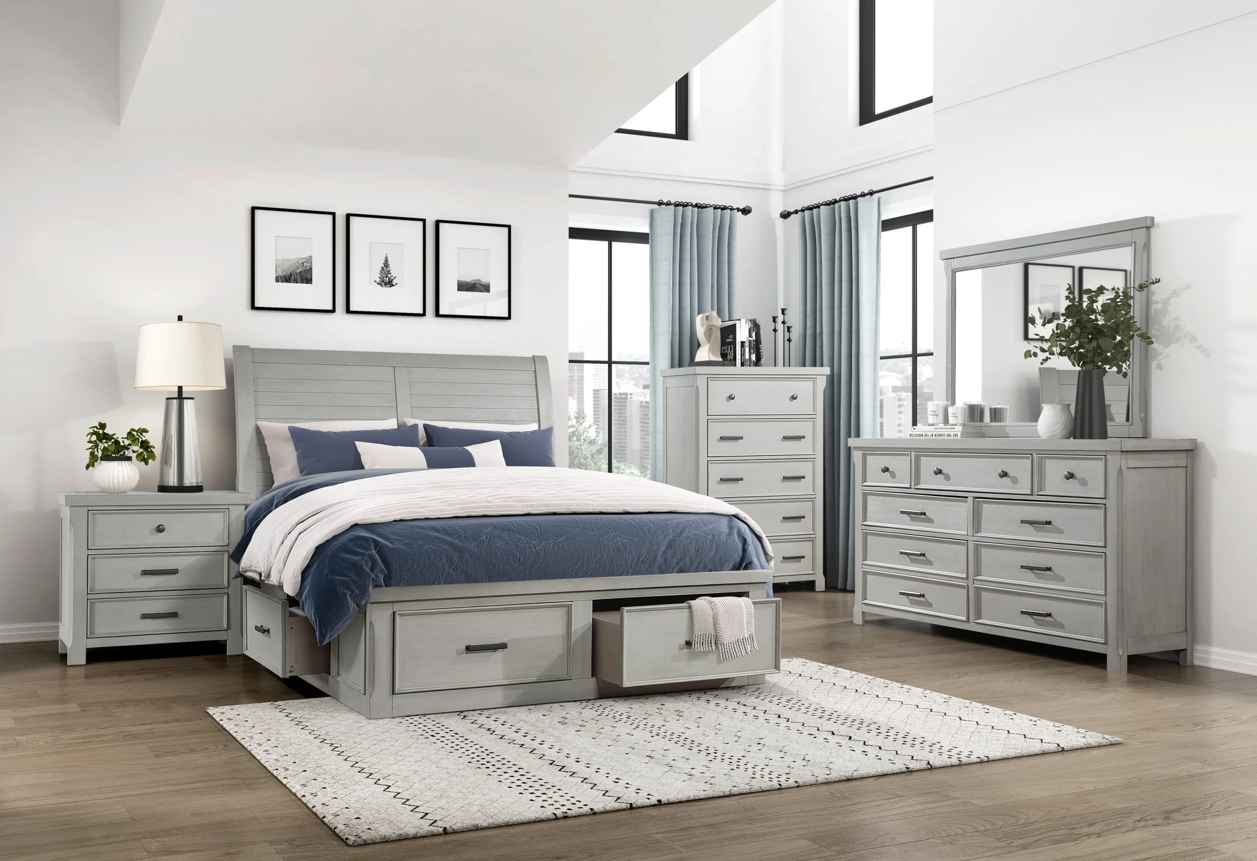 6-Piece Cal King Storage Bedroom Set - Headboard, Storage Footboard, Storage Rails, Dresser, Mirror & Nightstand