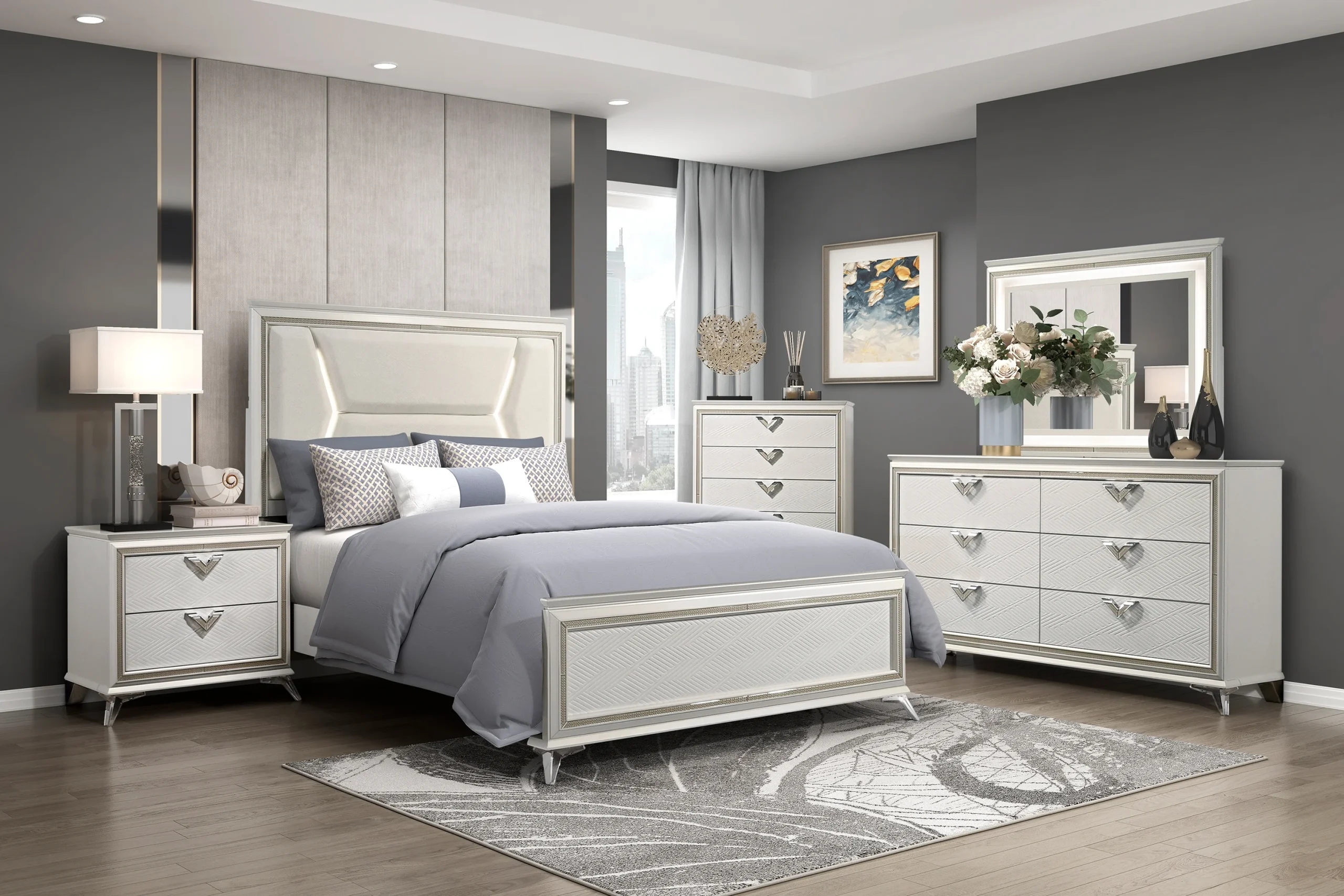 6-Piece California King Bedroom Set - Headboard, Footboard, Rails, Dresser, Mirror & Nightstand