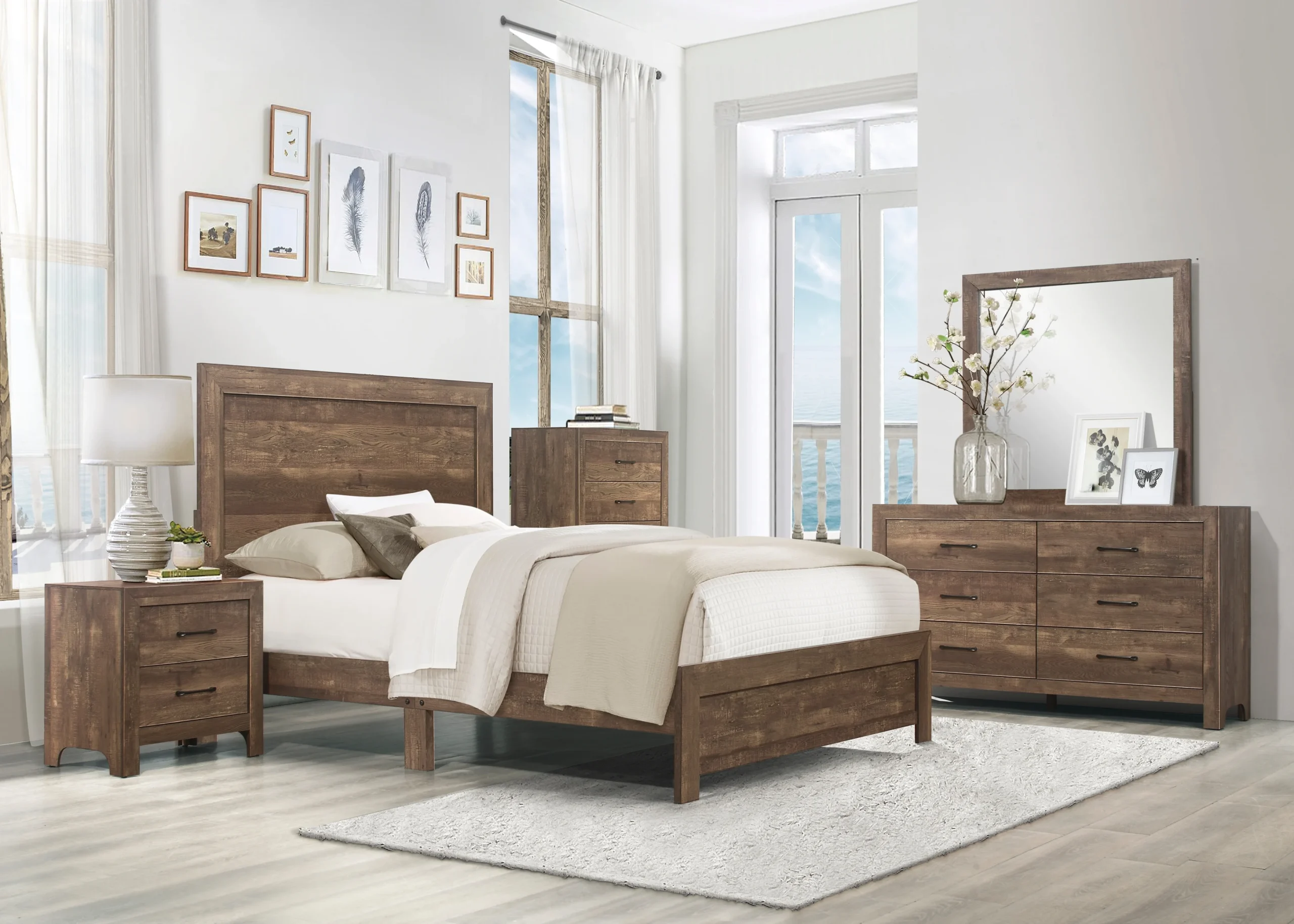 6-Piece Full Bedroom Set - Headboard, Footboard, Rails, Dresser, Mirror & Nightstand