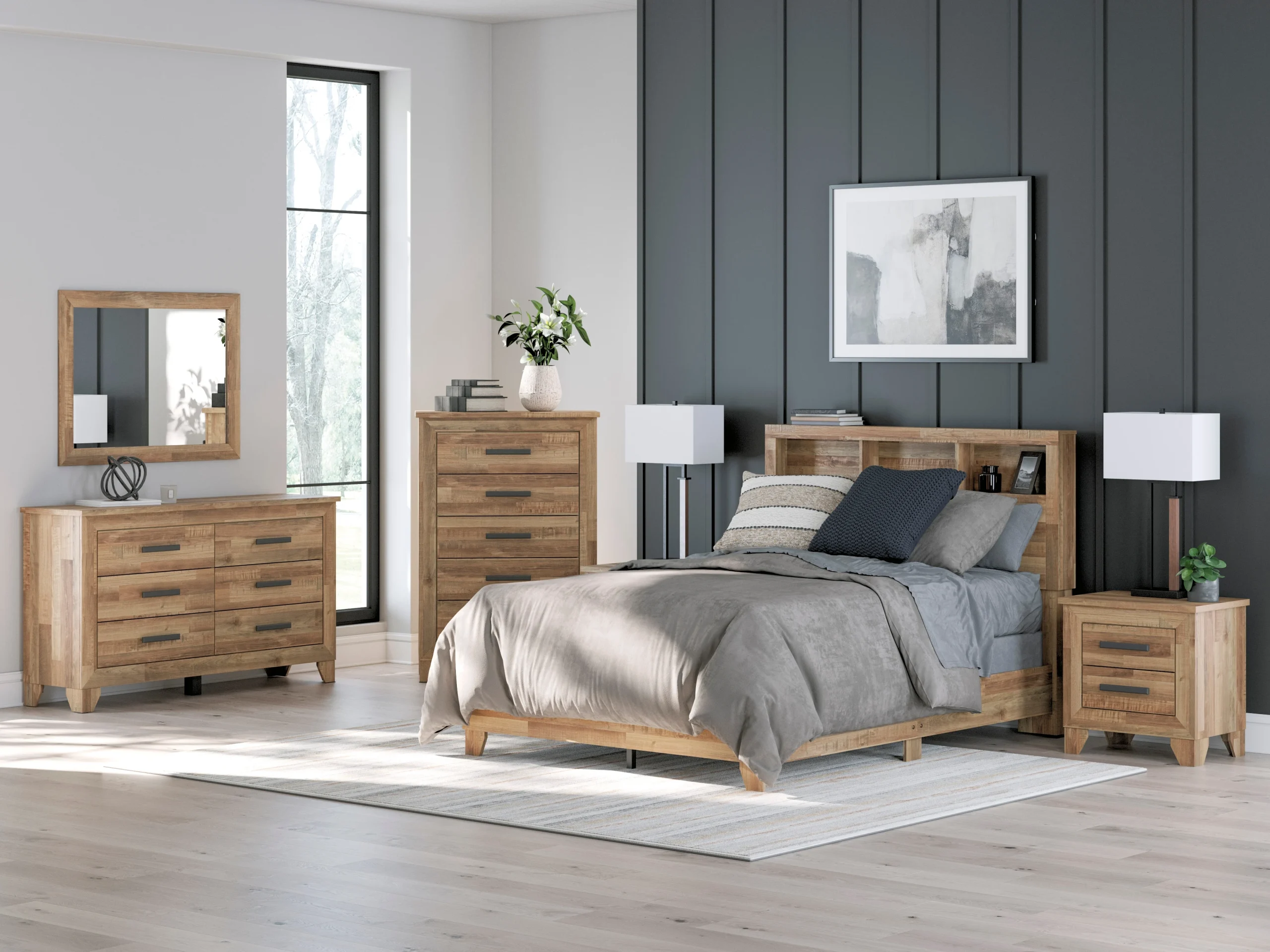 6-Piece Full Bookcase Bedroom Set -Headboard, Footboard, Rails, Dresser, Mirror & Nightstand