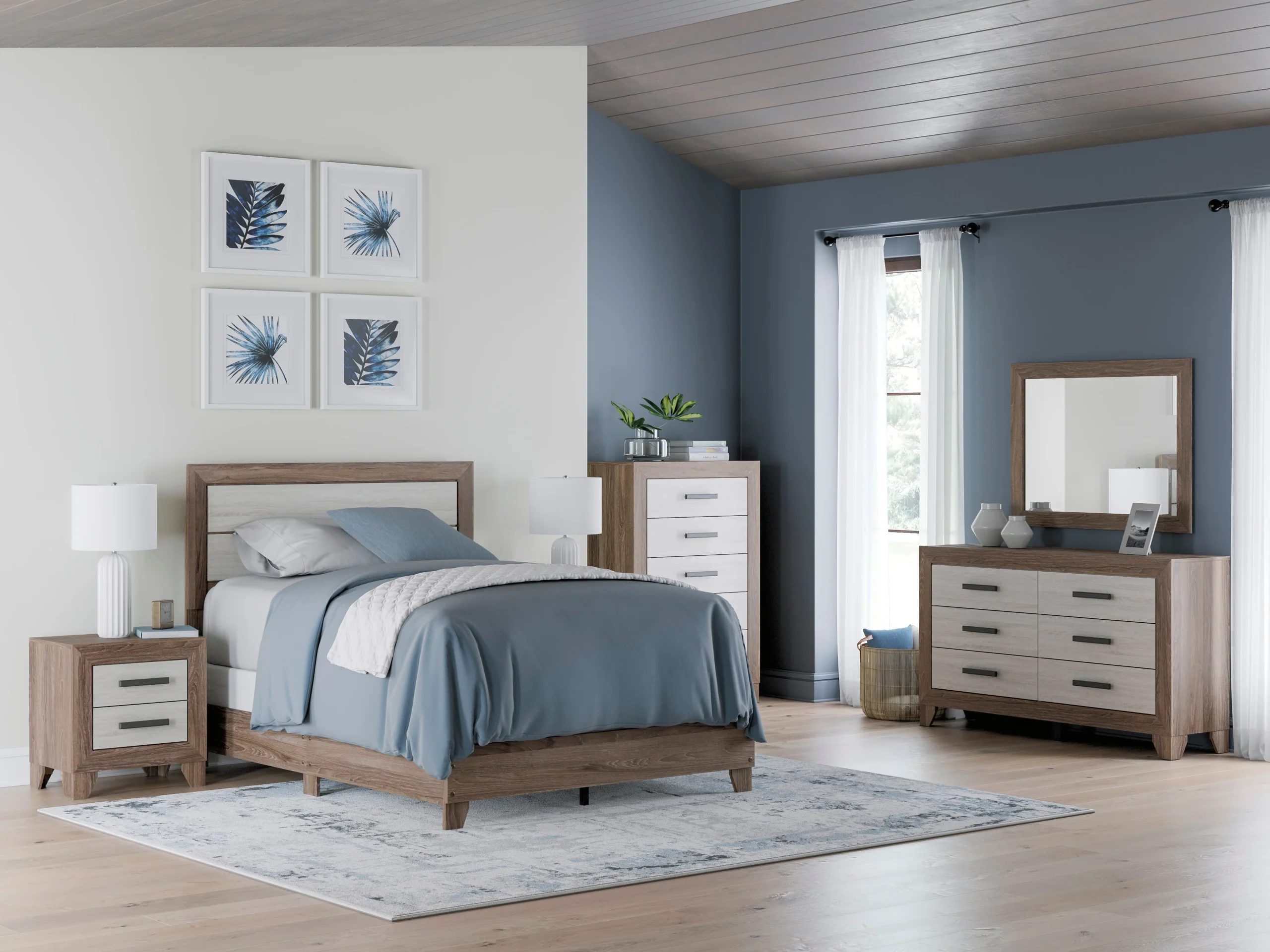 6-Piece Full Panel Bed Set - Headboard, Footboard, Rails, Dresser, Mirror & Nightstand