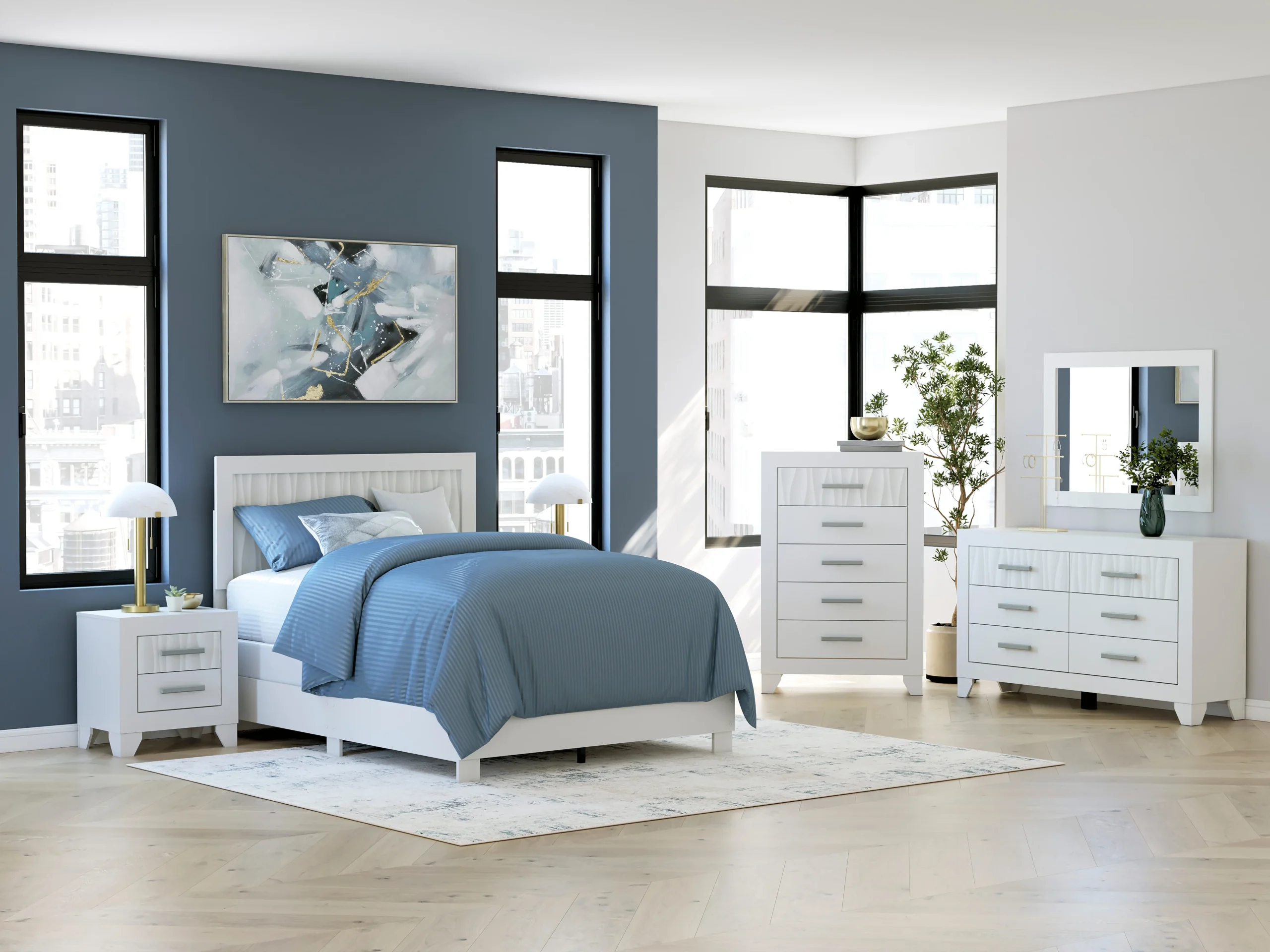 6-Piece Full Panel Bedroom Set - Headboard, Footboard, Rails, Dresser, Mirror & Nightstand