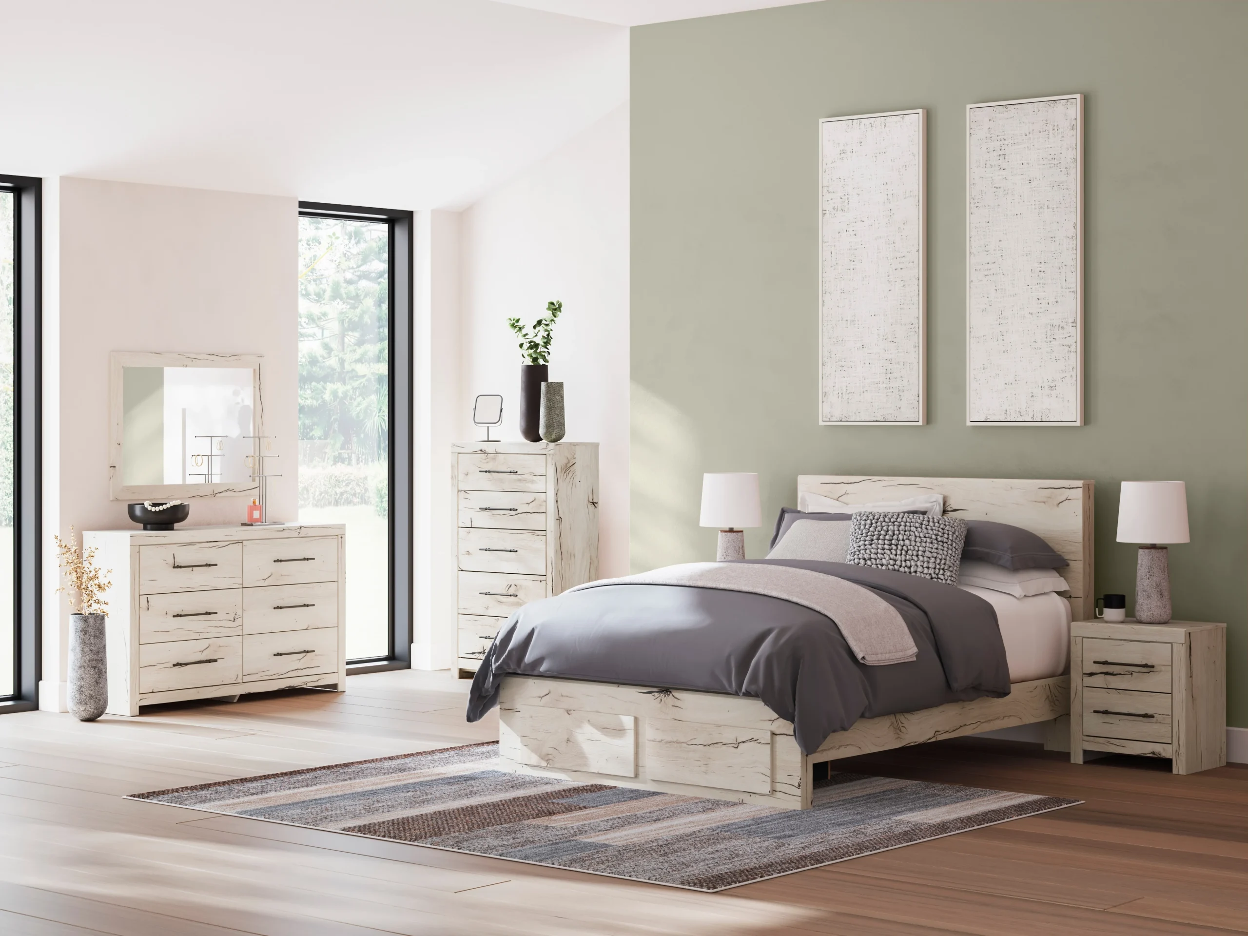 6-Piece Queen Bedroom Set - Headboard, Storage Footboard, Rails, Dresser, Mirror & Nightstand