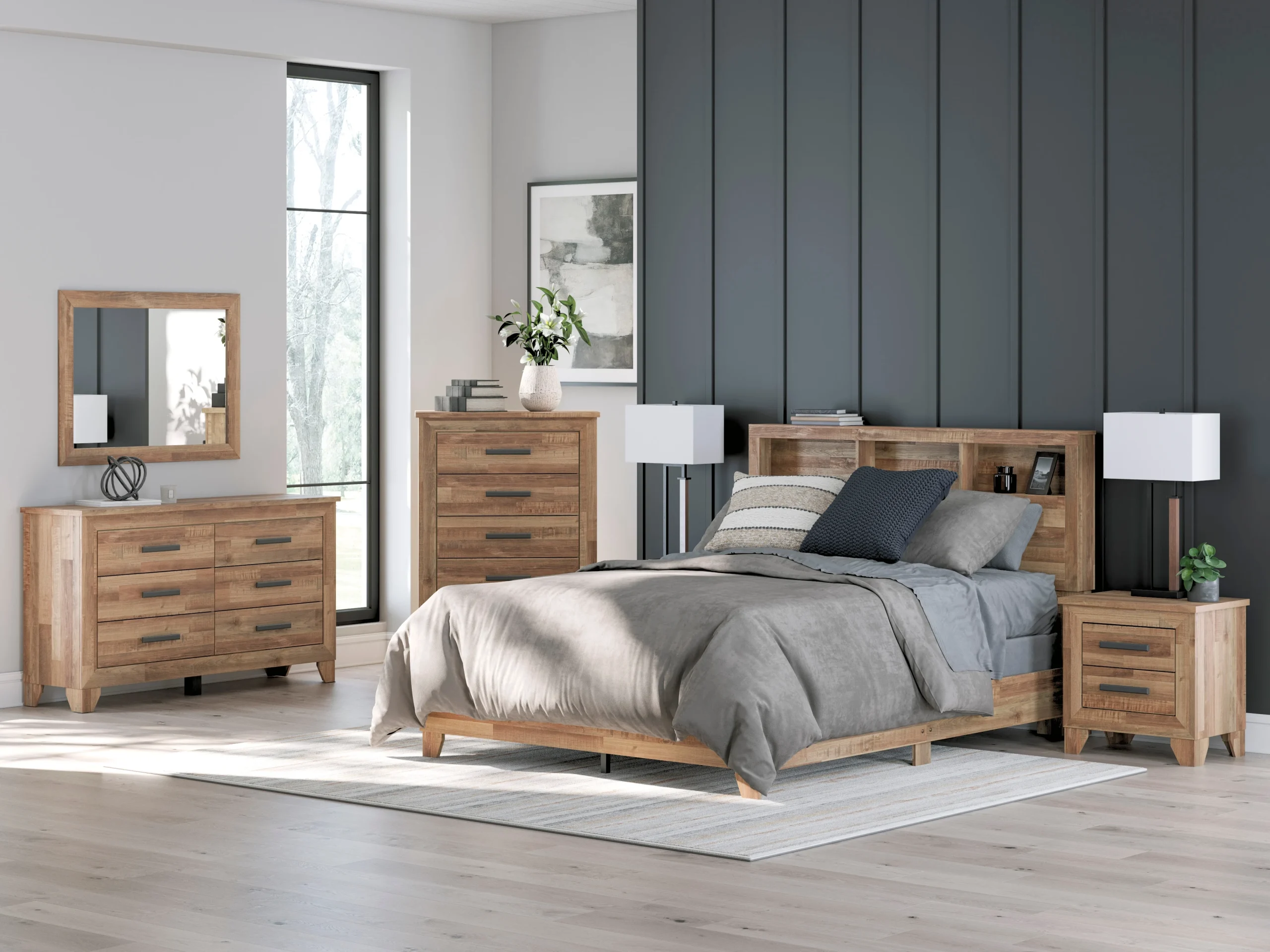 6-Piece Queen Bookcase Bedroom Set - Headboard, Footboard, Rails, Dresser, Mirror & Nightstand