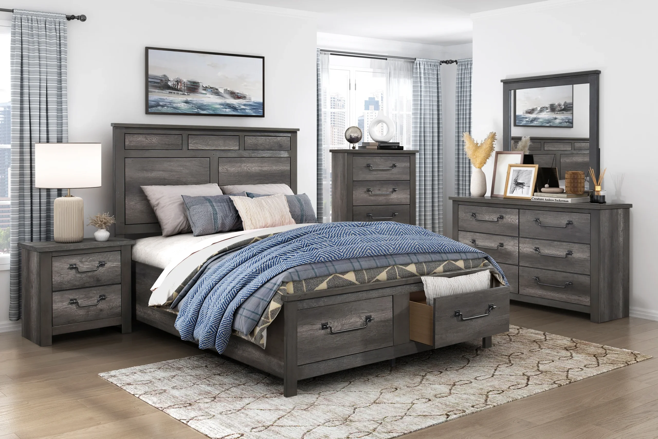 6-Piece Queen Platform Bedroom Set - Headboard, Storage Footboard, Rails, Dresser, Mirror & Nightstand
