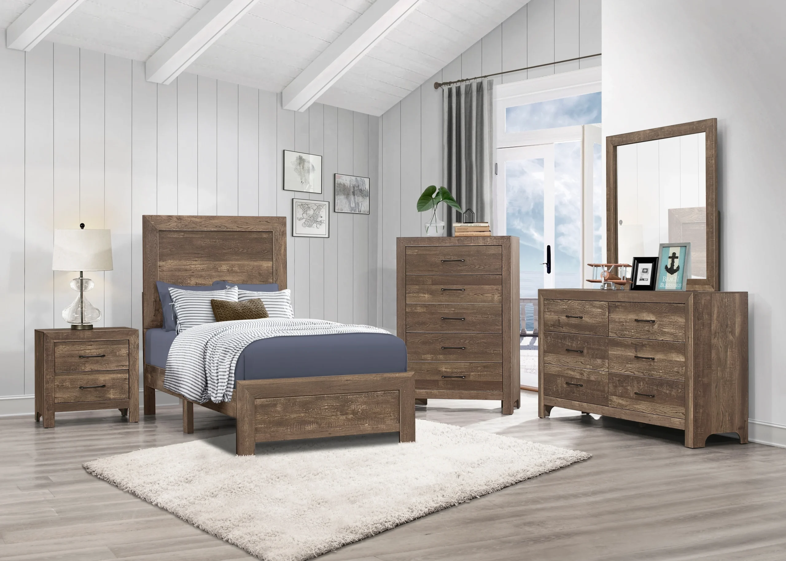 6-Piece Twin Bedroom Set - Headboard, Footboard, Rails, Dresser, Mirror & Nightstand