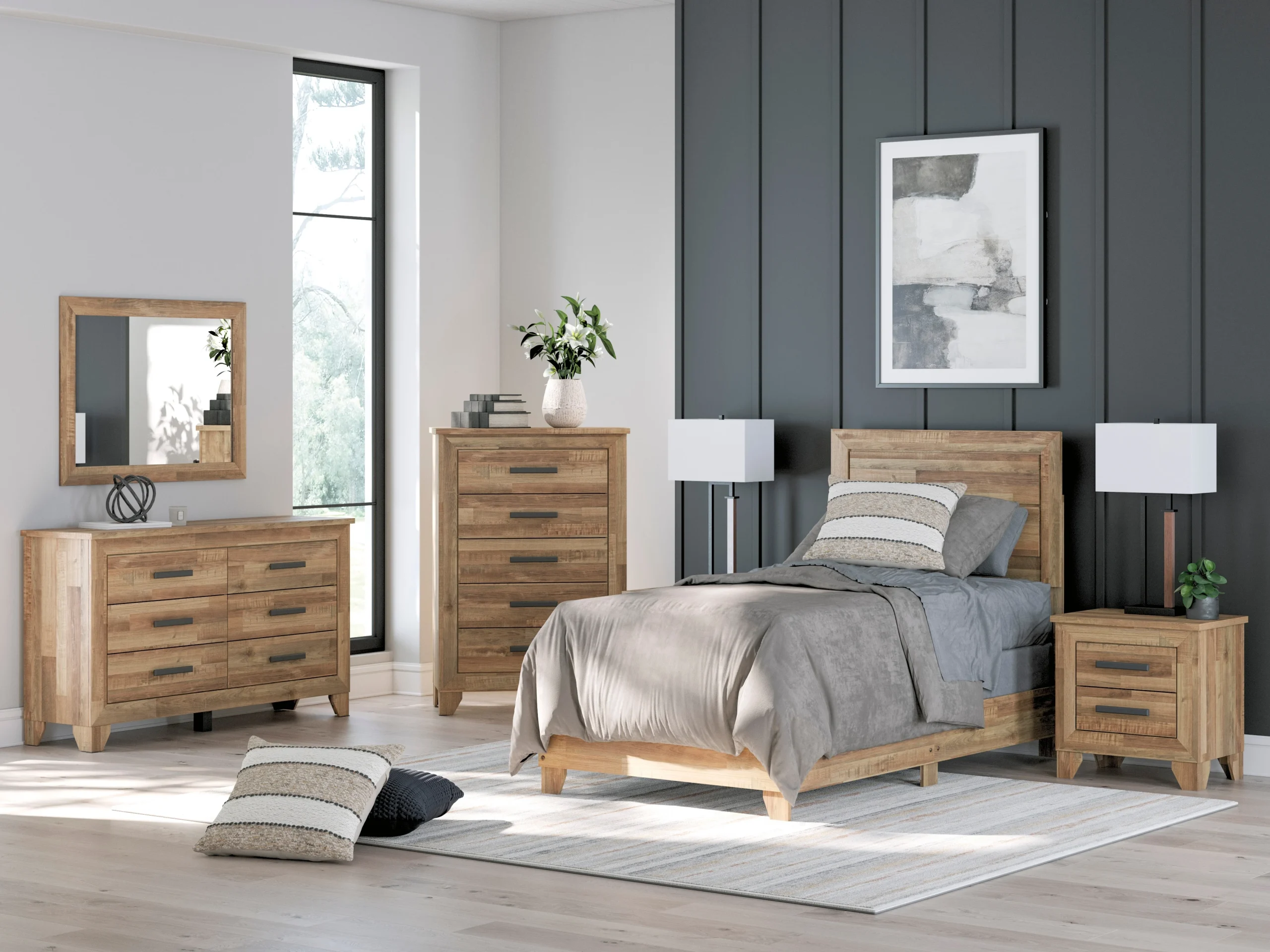 6-Piece Twin Bookcase Bedroom Set - Headboard, Footboard, Rails, Dresser, Mirror & Nightstand