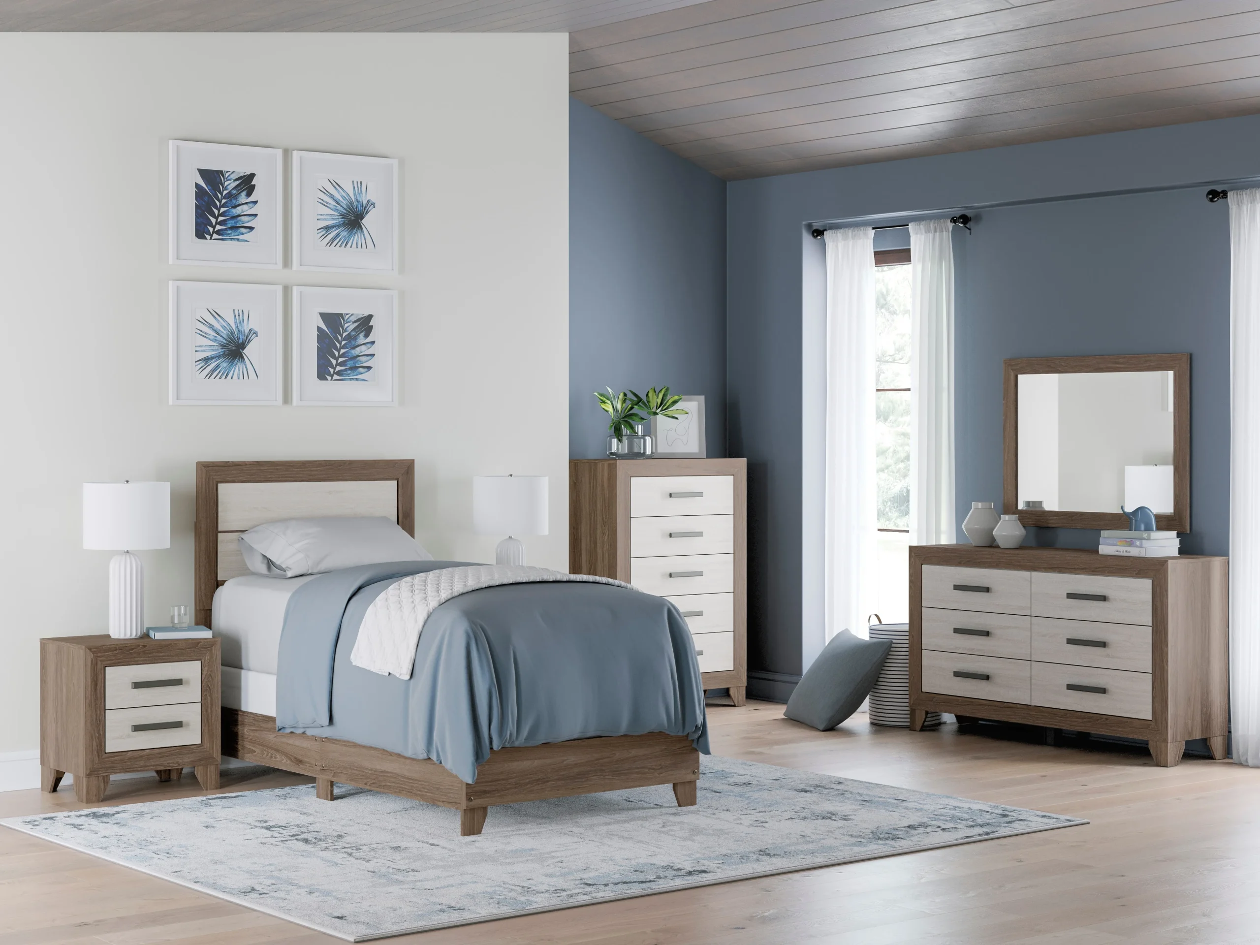 6-Piece Twin Panel Bed Set - Headboard, Footboard, Rails, Dresser, Mirror & Nightstand