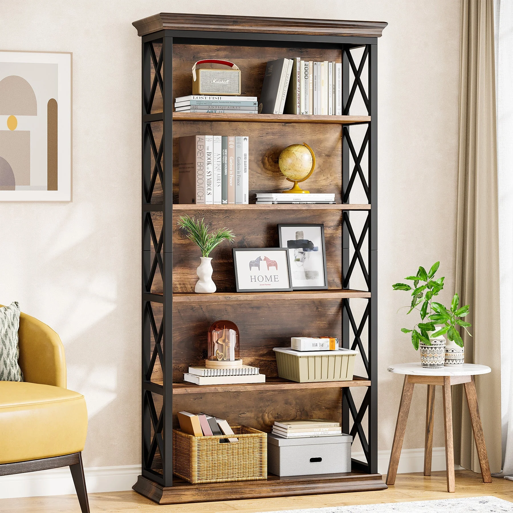 6-Tier Bookshelf, 70.87" Etagere Metal and Wooden Bookcase for Home Office