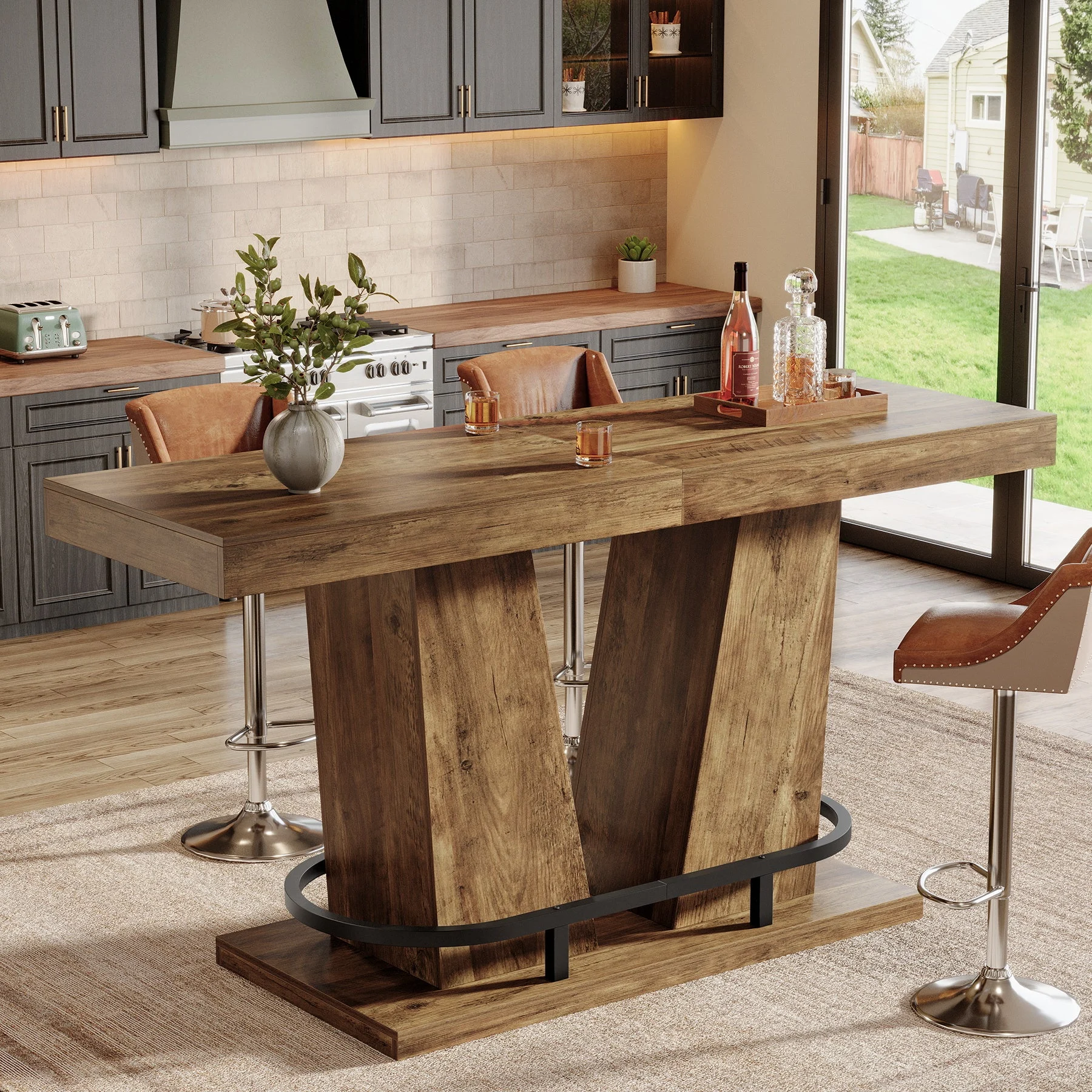 62.99" Bar Table for 4-6, Rectangle Counter Height Pub Table with Metal Footrest