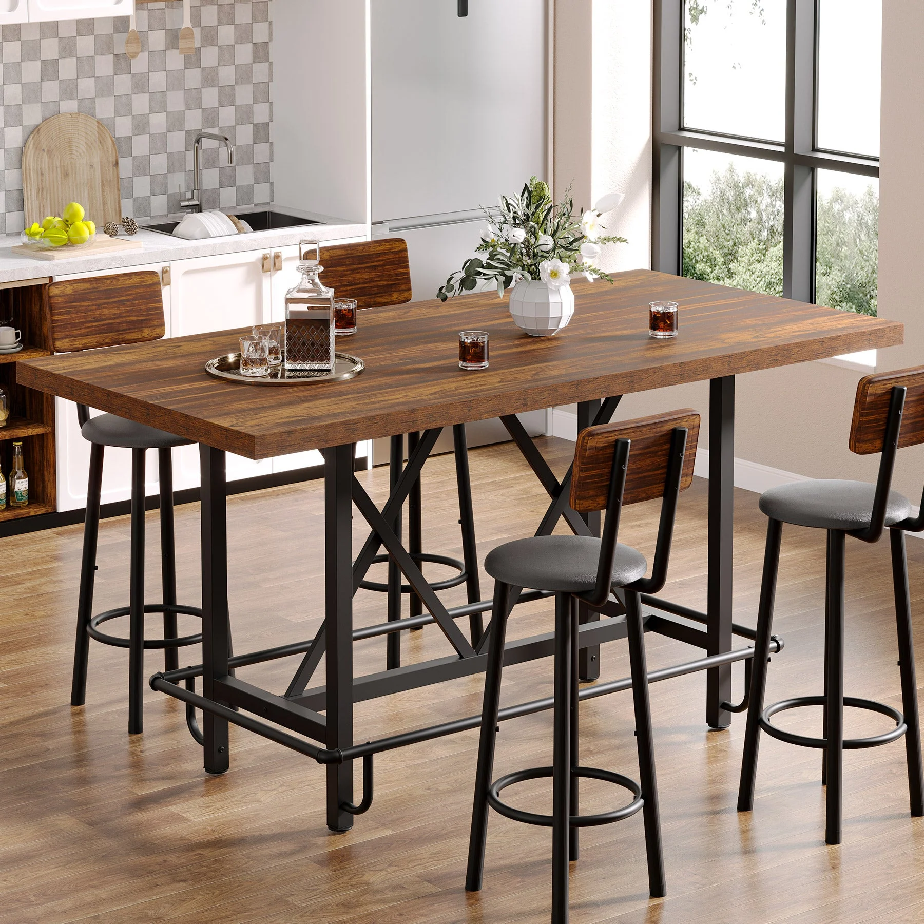 62.99" Counter Height Bar Table, Rectangular Farmhouse Pub Table for Kitchen or Dining Area