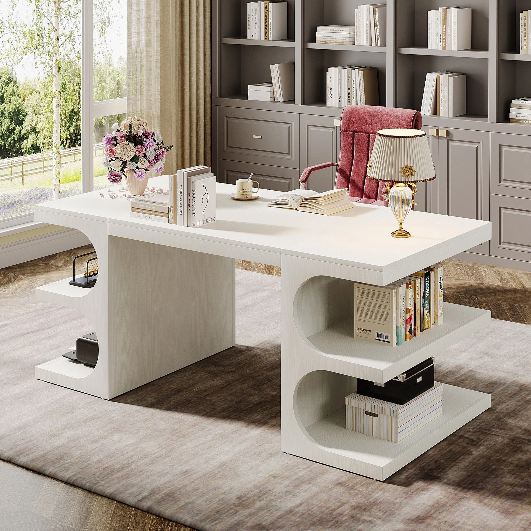 62" Executive Desk, Modern Office Computer Desk with Storage Shelves