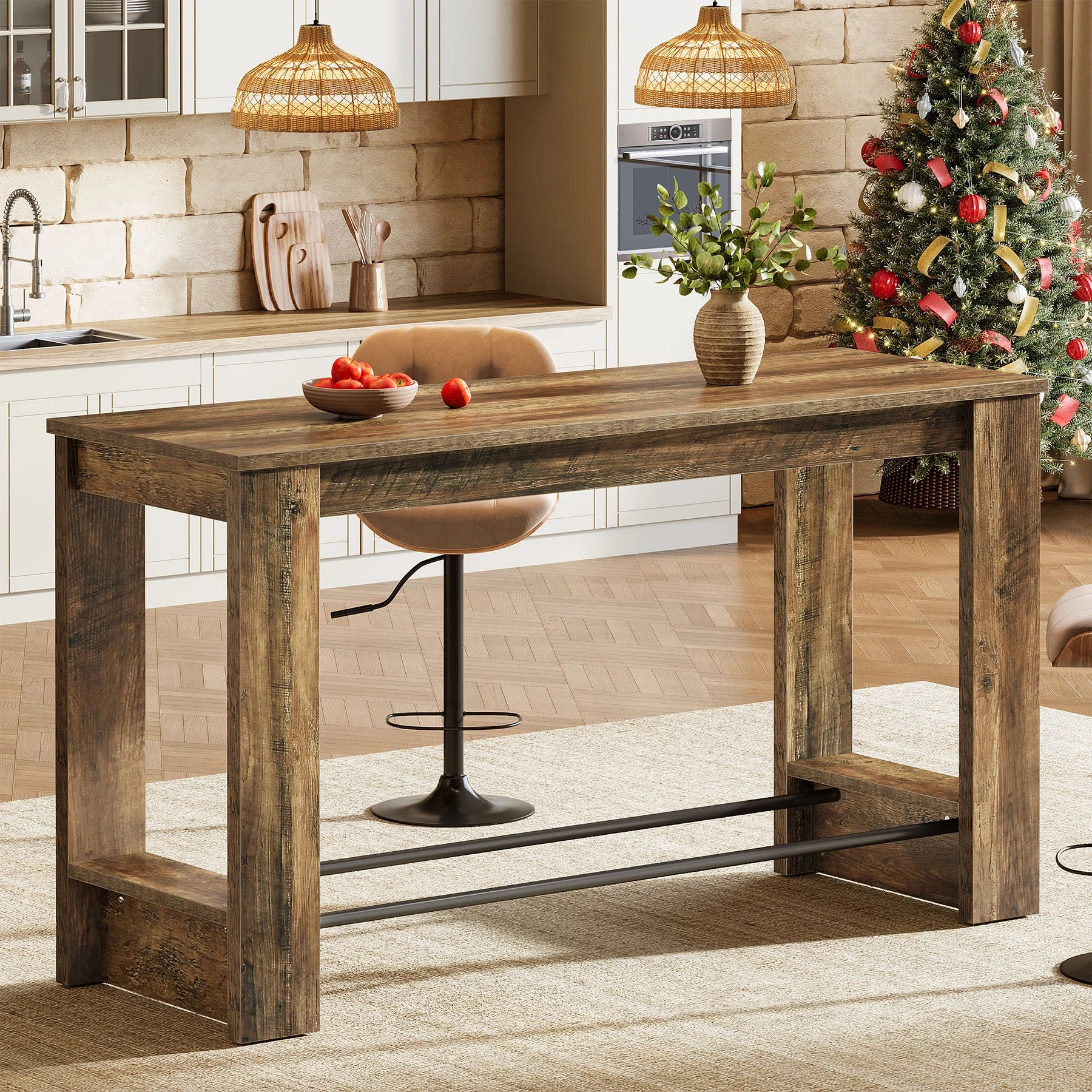 63" Bar Table Counter Height Pub Table with Metal Footrests