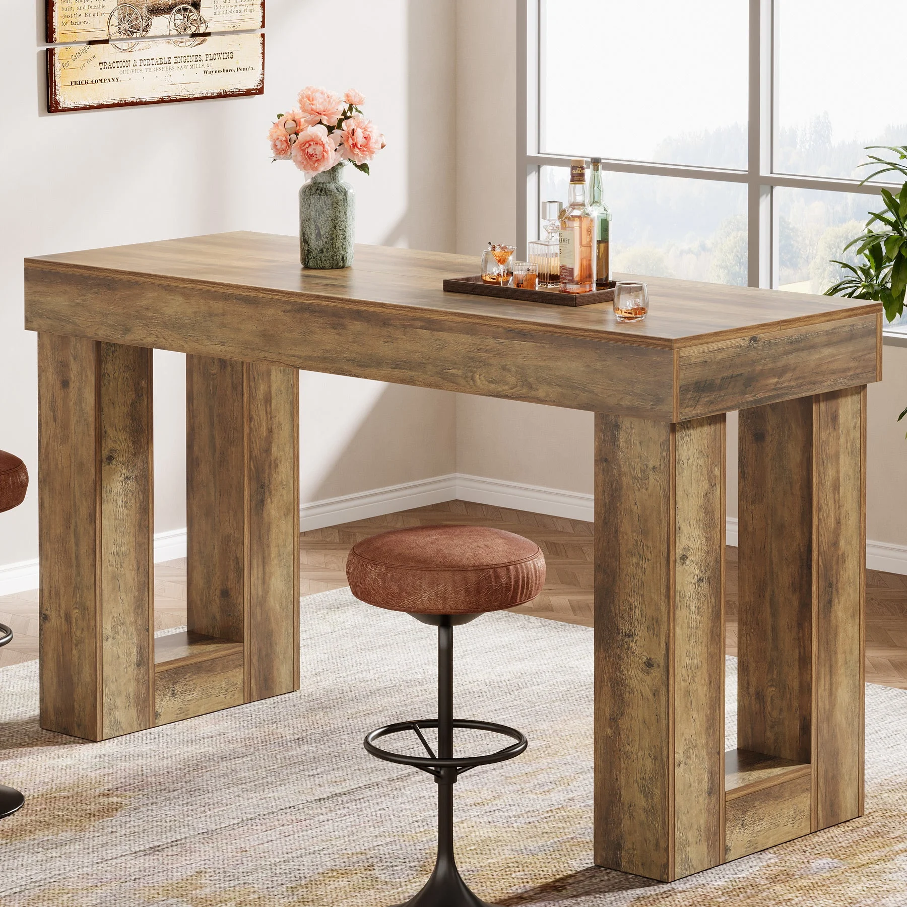 63" Bar Table, Counter Height Pub Table with Sturdy Rectangular Base
