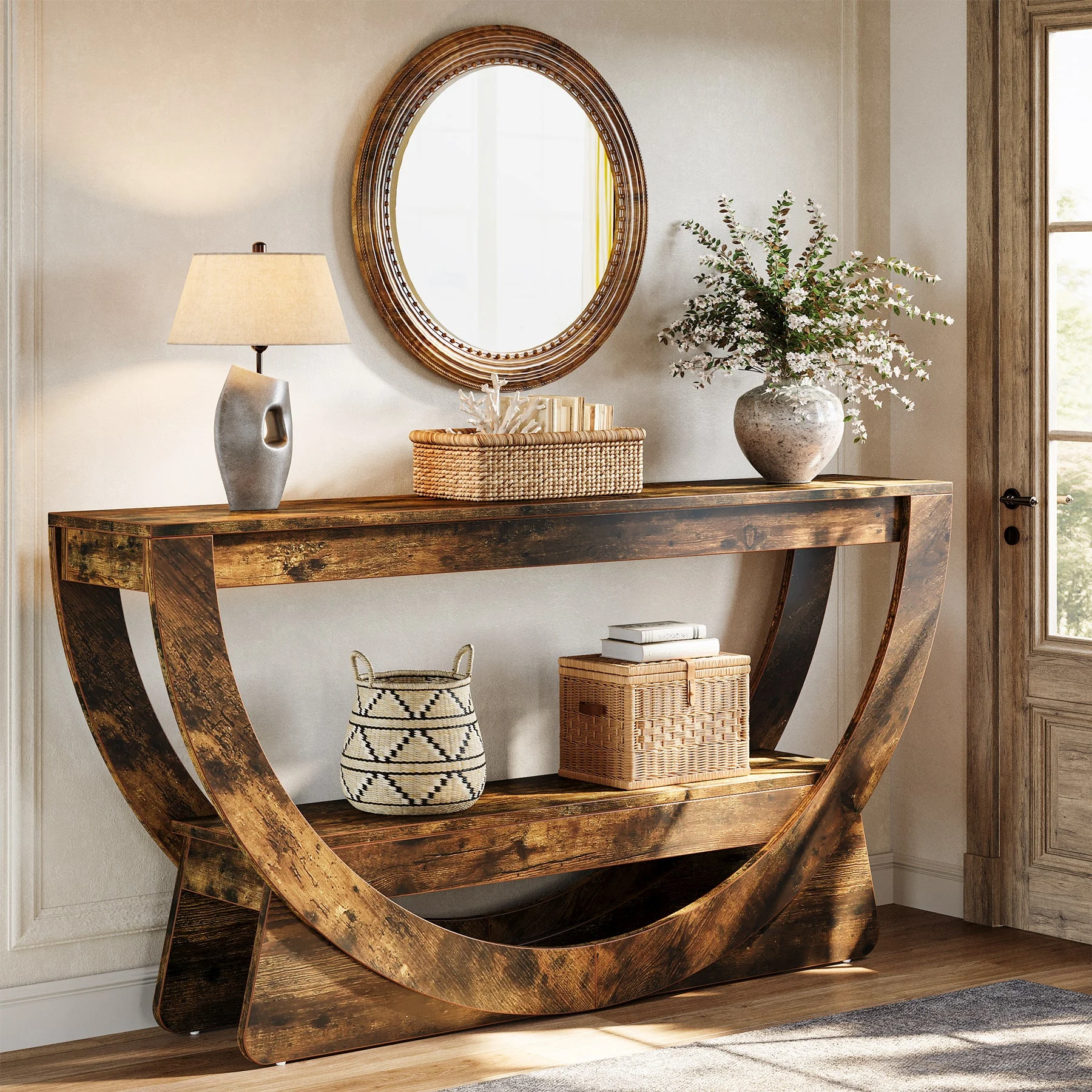 63" Console Table, 2-Tier Entryway Table with Storage Shelves & Arched Frame