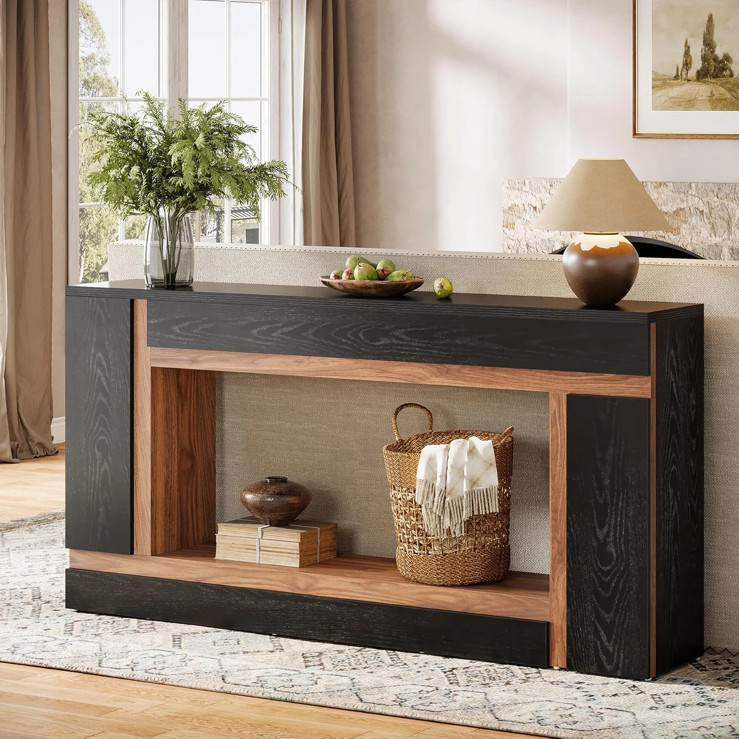 63" Console Table, 2-Tier Wooden Rectangular Sofa Table Hallway Table