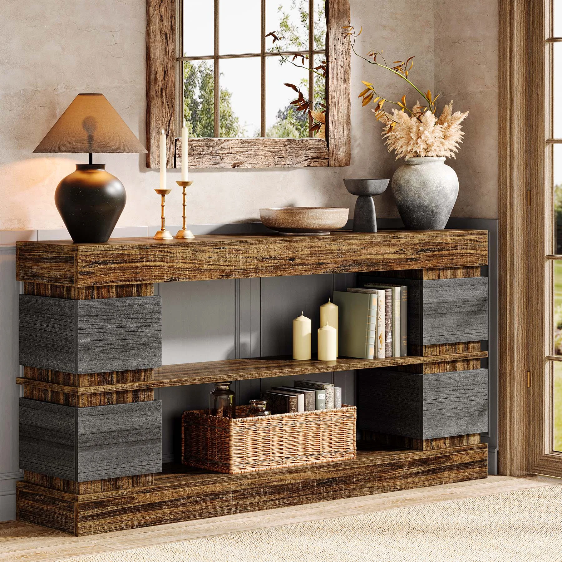 63" Console Table, 3-Tier Farmhouse Hallway Sofa Table