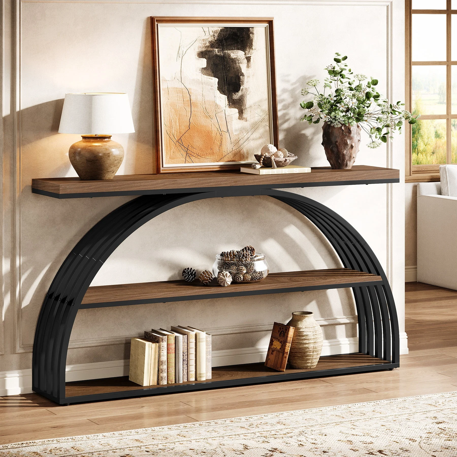 63" Console Table, 3-Tier SofaEntryway Table with Arched Frame