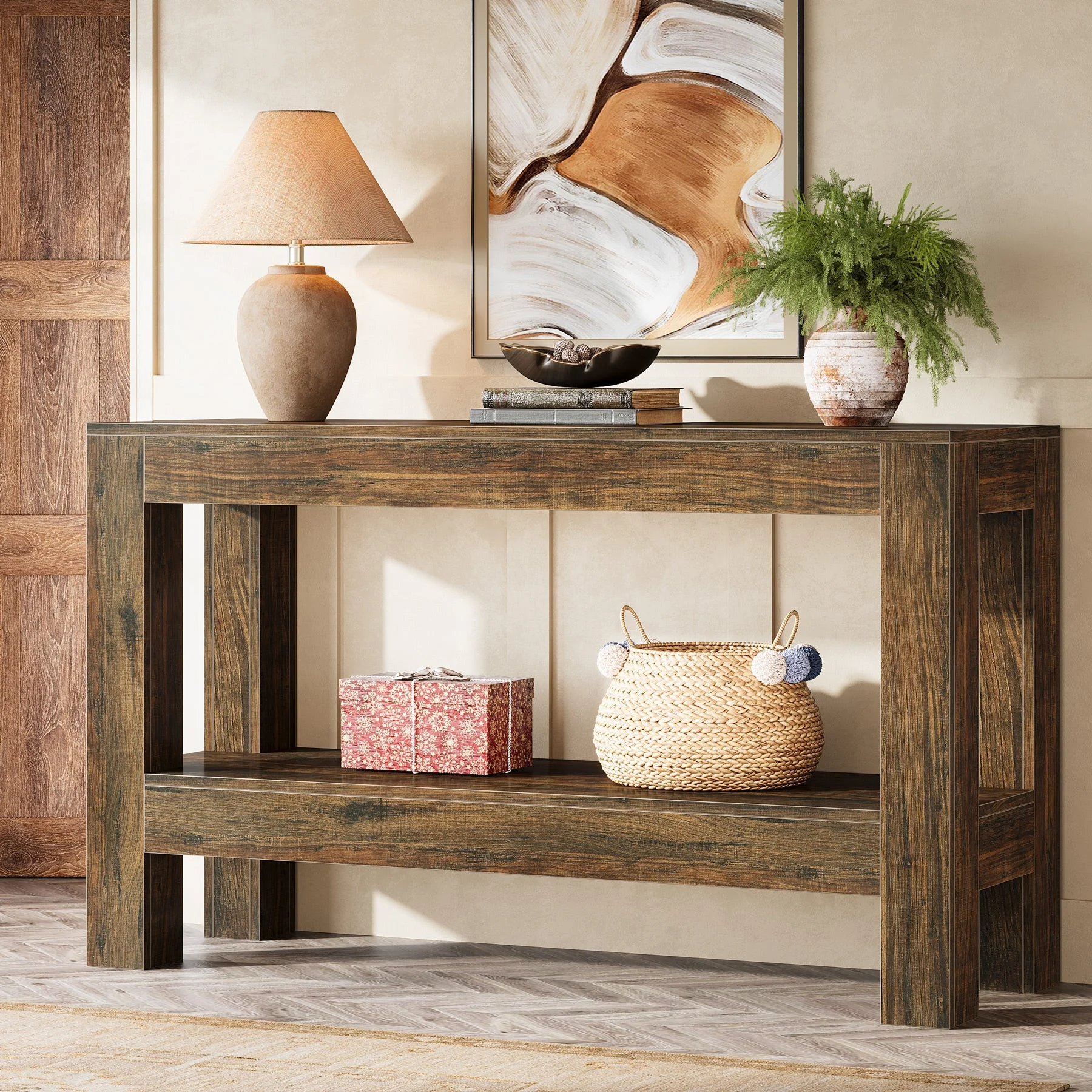 63" Console Table, Farmhouse 2-Tier Entryway Table Sofa Table