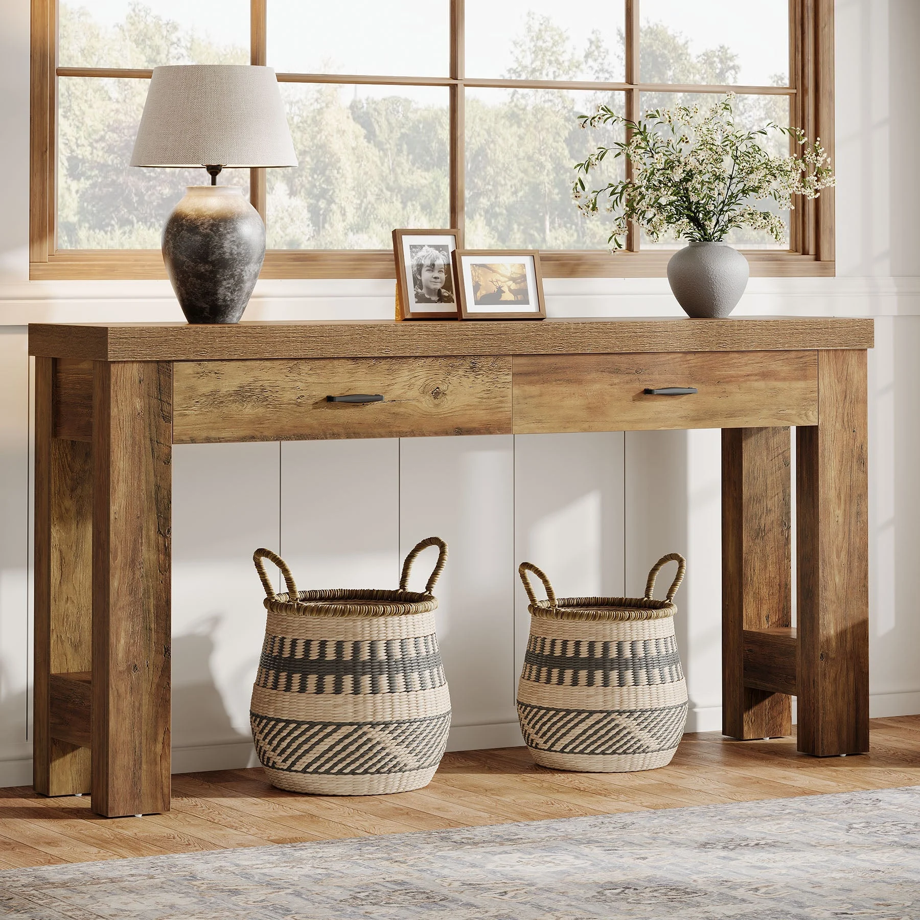 63" Console Table, Farmhouse Entryway Table with H-Shaped Legs and 2 Drawers