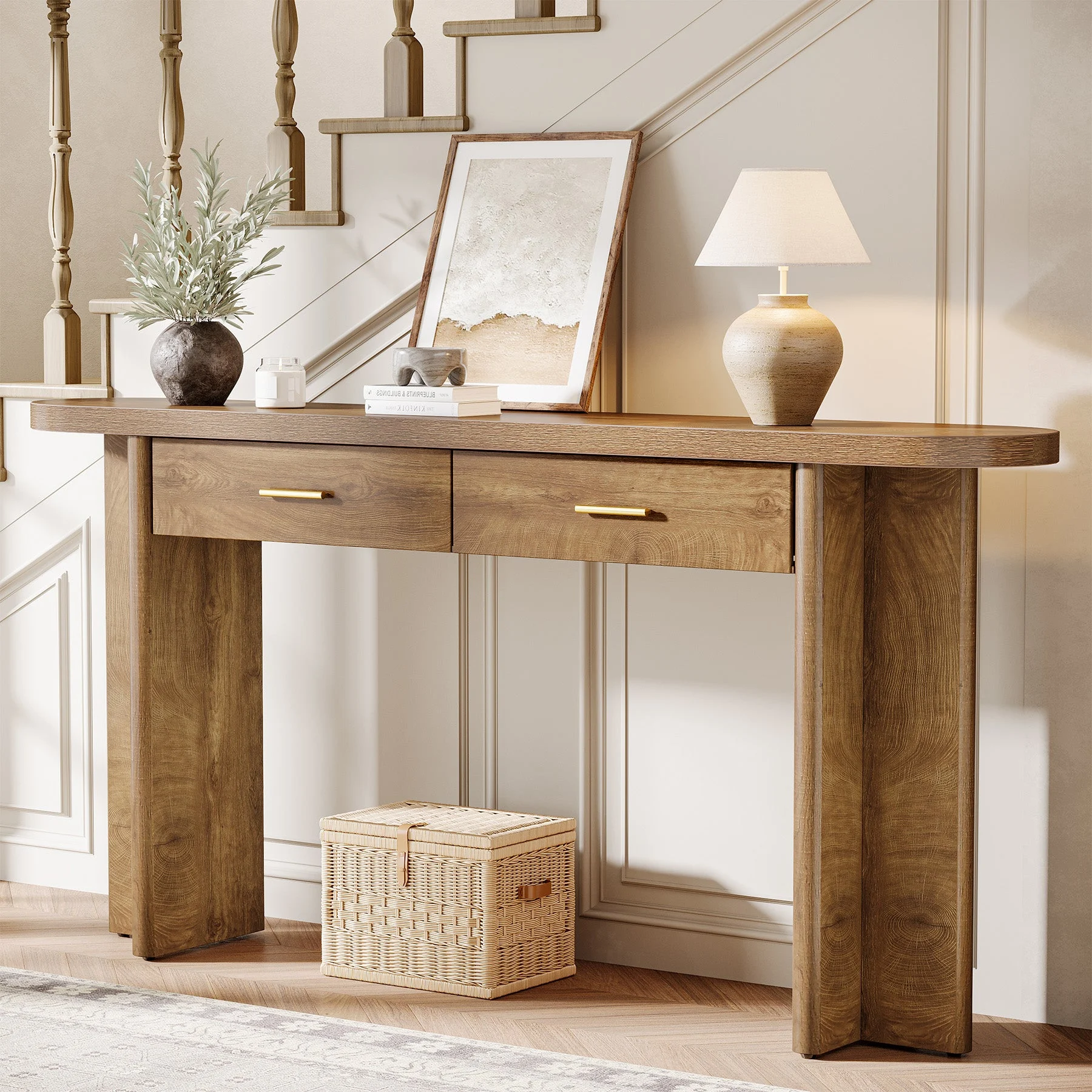 63" Console Table, Farmhouse Oval Curved Entryway Table with 2 Drawers