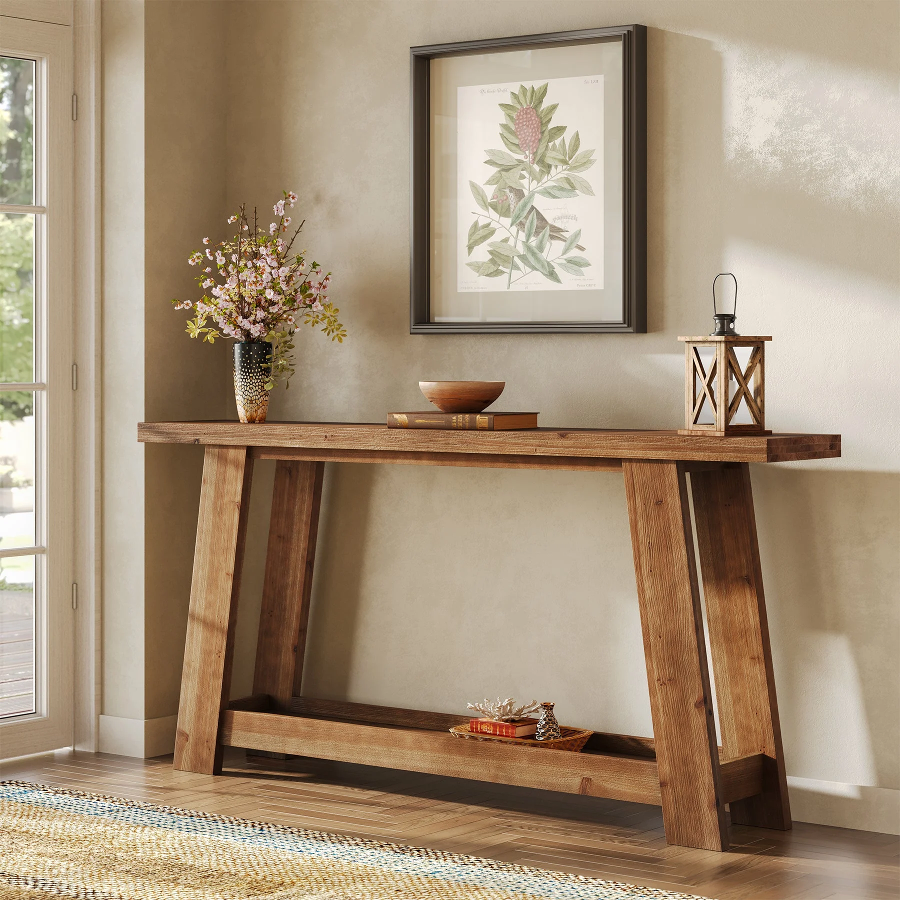 63" Console Table, Farmhouse Wood Sofa Entryway Table with 2-Tier Shelf