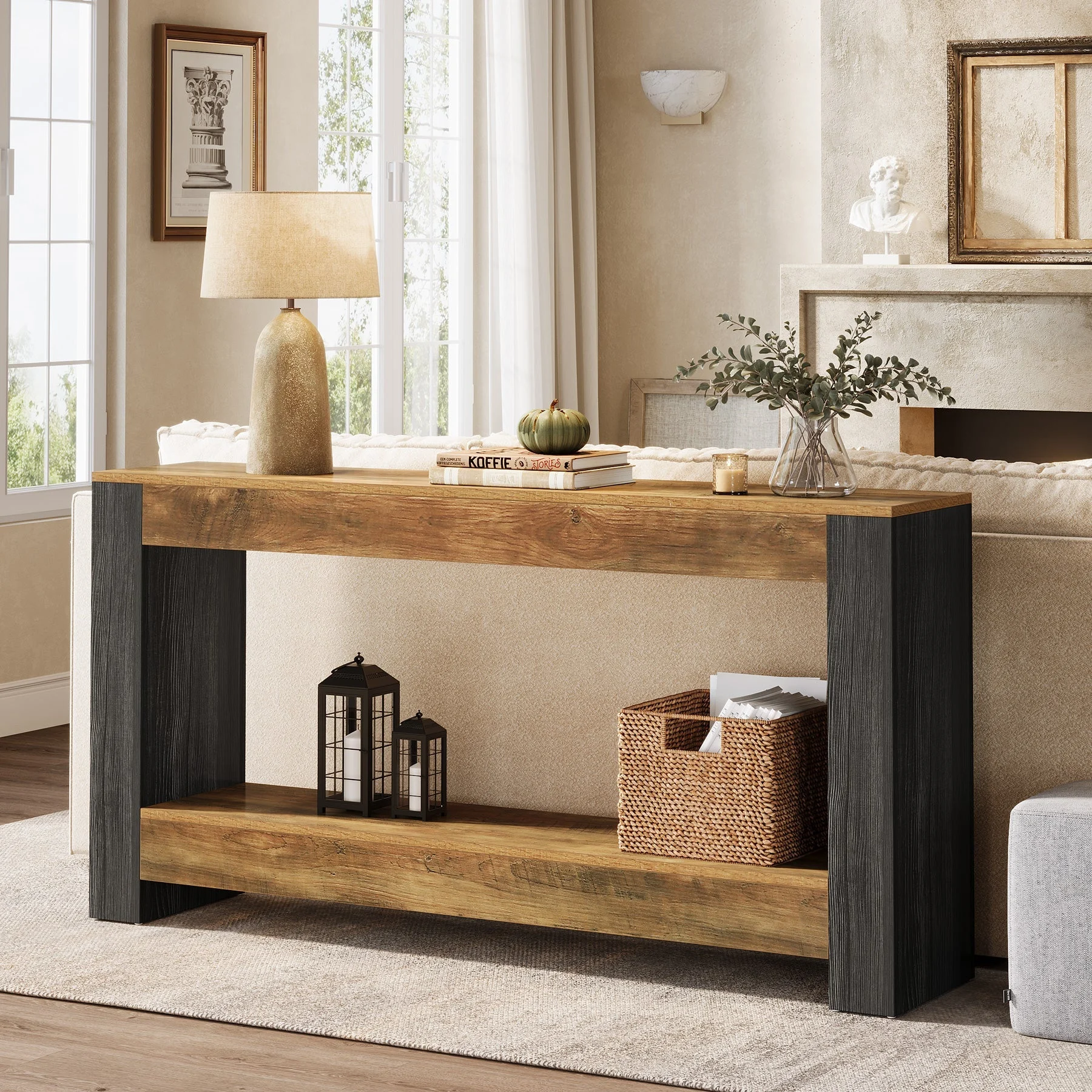 63" Console Table, Farmhouse Wood Sofa Table Behind Couch