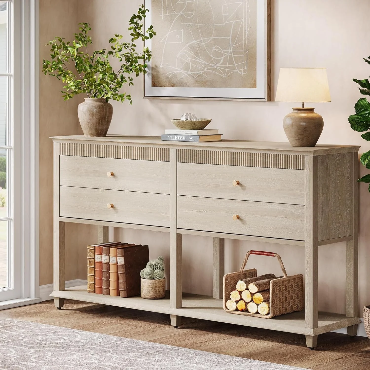 63" Console Table, Long Sofa Table with Drawers and Lower Shelf