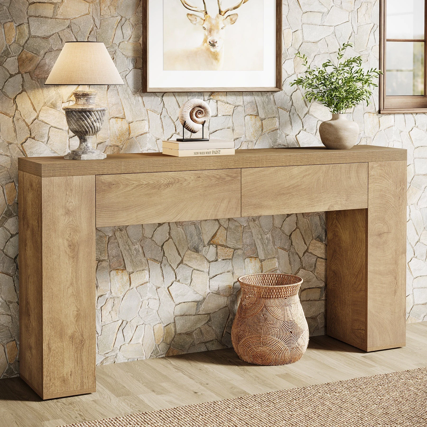 63" Console Table, Rustic Sofa Hallway Table with Drawers