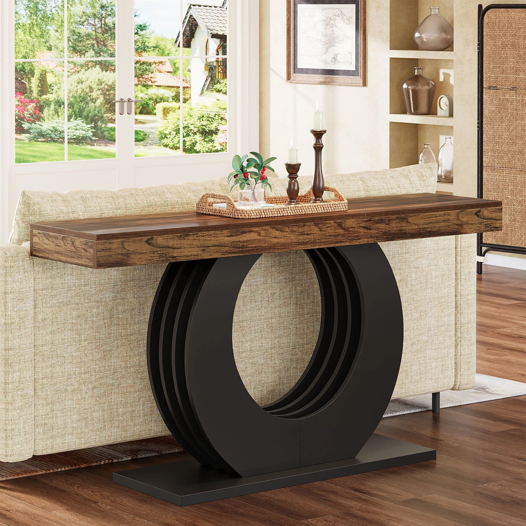63" Console Table, Rustic Sofa Table Entryway Table with Circle Base