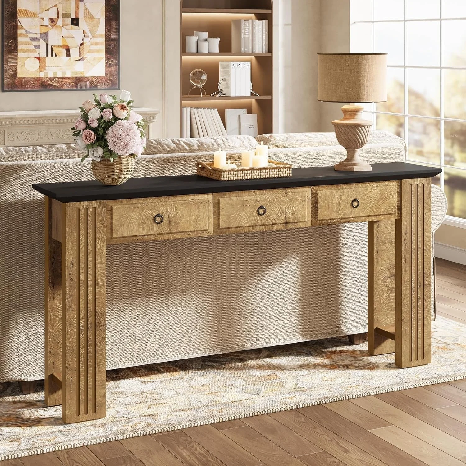 63" Console Table with 3 Drawers, Narrow Sofa Table Behind Couch