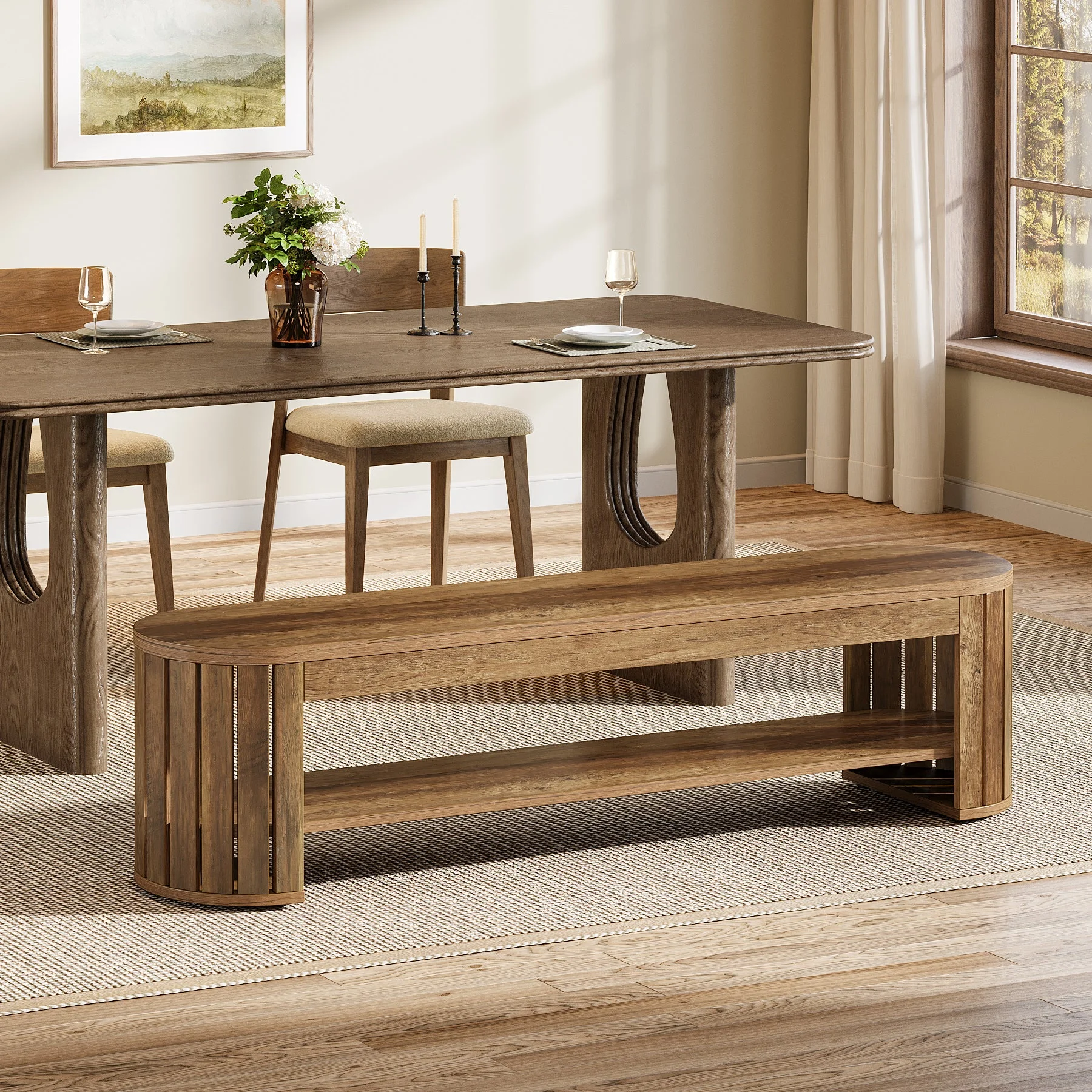 63" Dining Bench, Farmhouse Kitchen Dining Seat with Arc Vertical Slat Splicing Legs