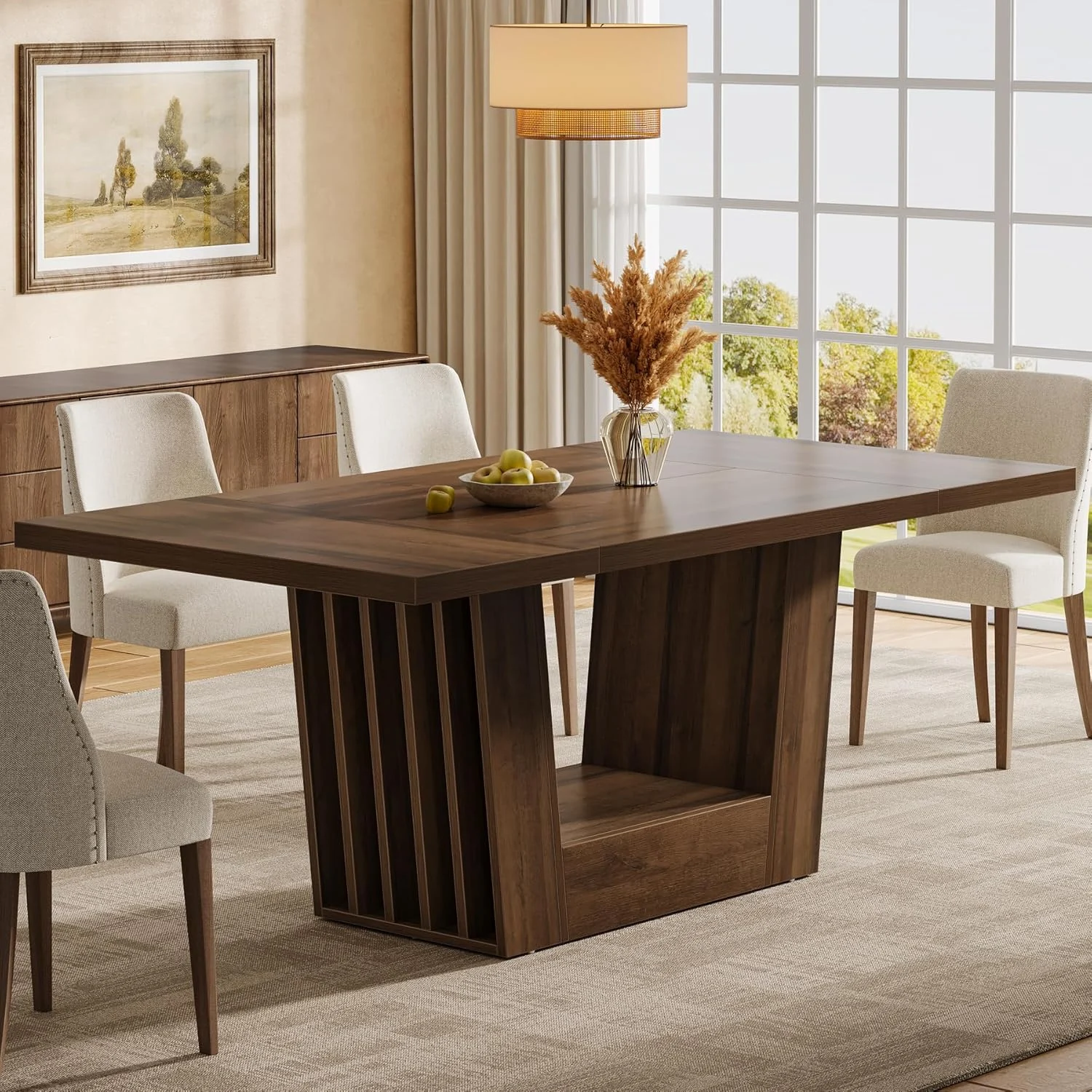 63" Dining Table for 4-6, Farmhouse Kitchen Dinner Table with Heavy-Duty Base