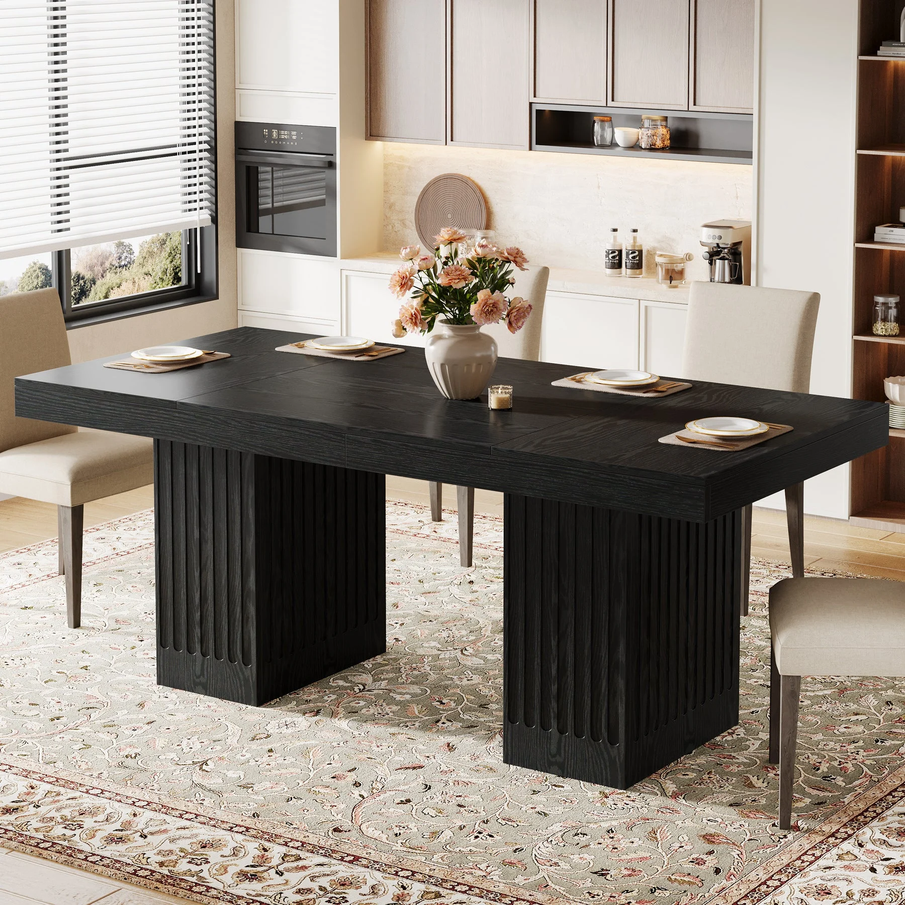 63" Dining Table for 4-6 People, Rectangular Kitchen Table withDouble Pedestal