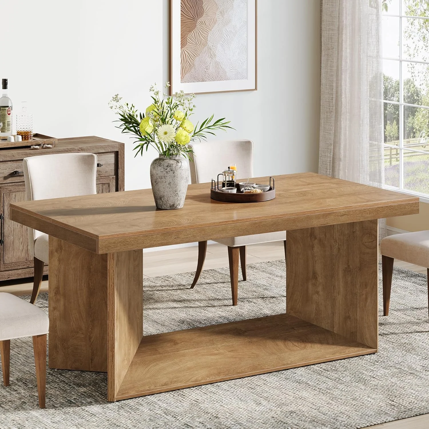 63" Dining Table, Farmhouse Kitchen Table with Heavy Duty Pedestalfor 4-6