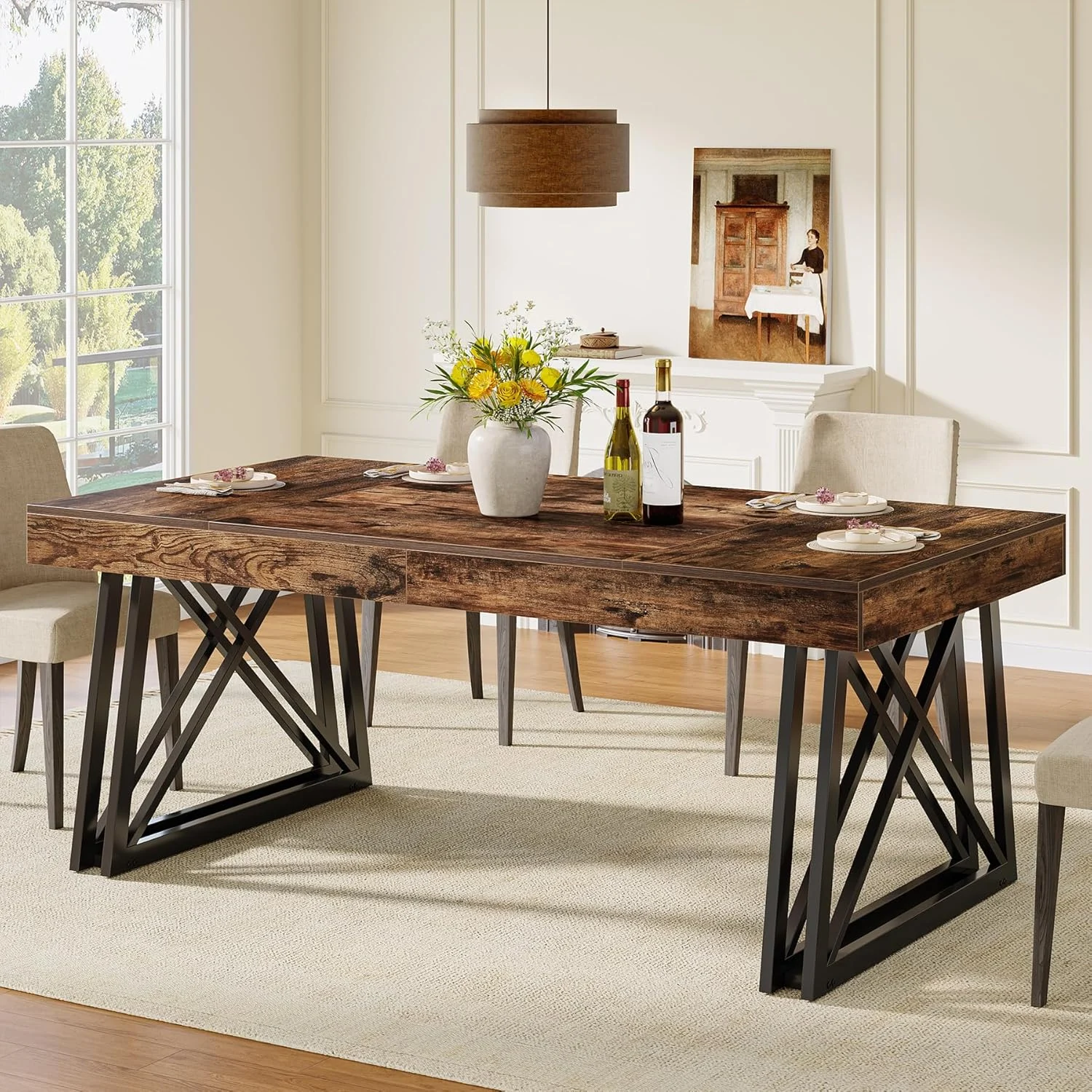 63" Dining Table, Farmhouse Kitchen Table with Sturdy Metal Legs for 4-6
